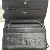 Chanel Black Leather Camellia Embossed Chain Wallet 2012