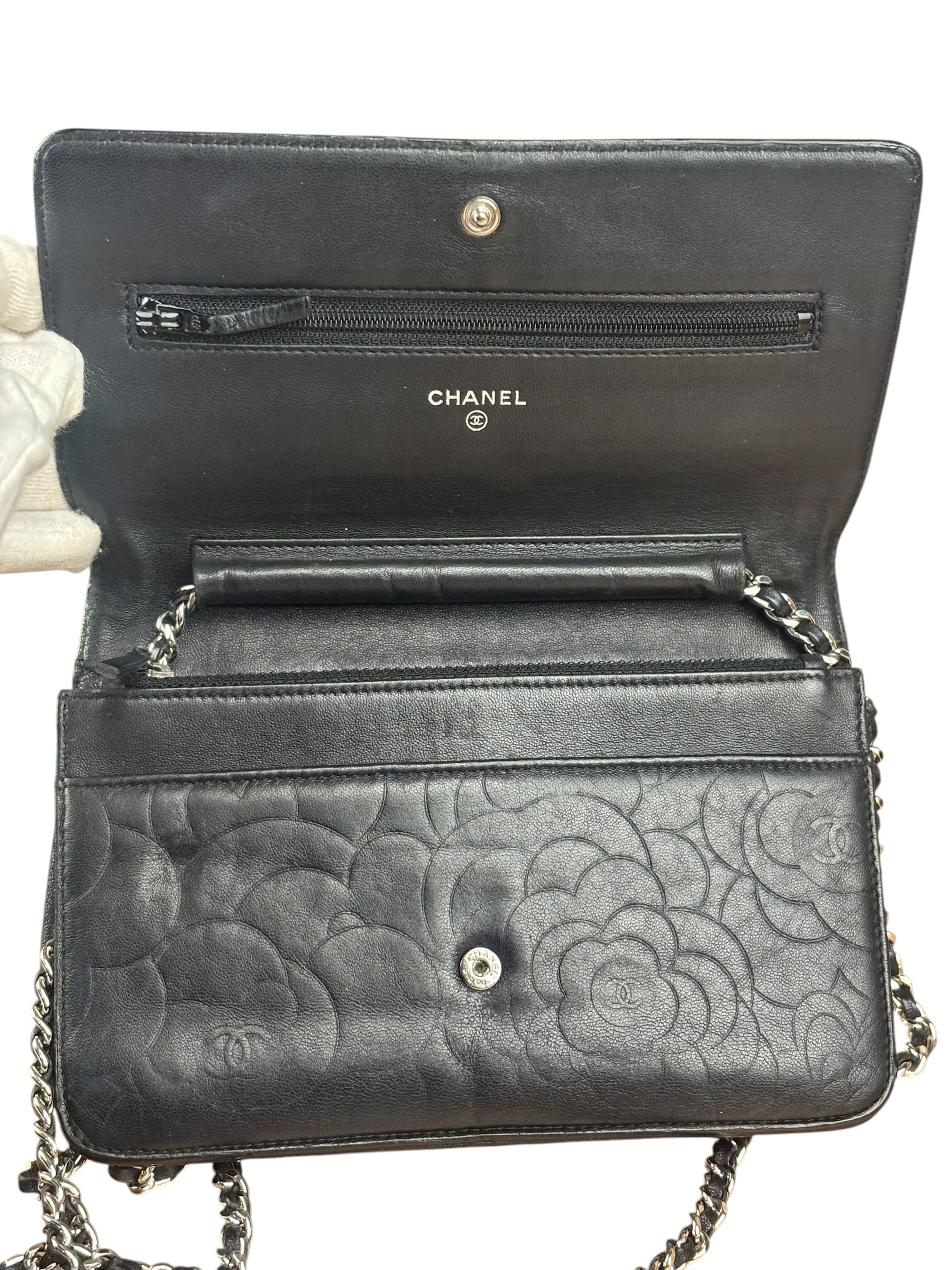 Chanel Black Leather Camellia Embossed Chain Wallet 2012