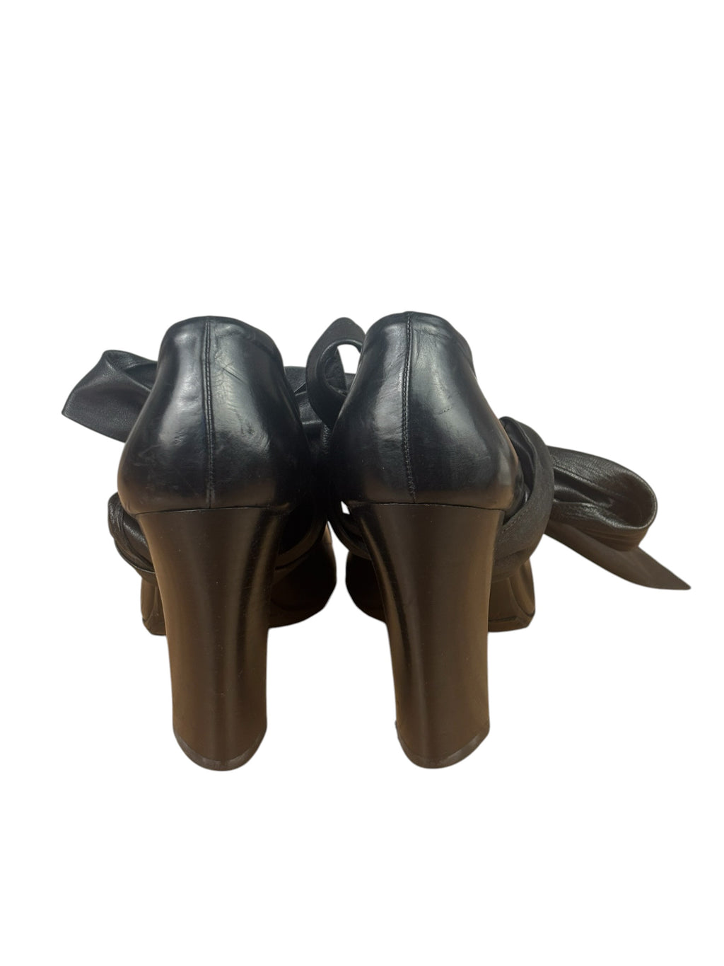 Yves Saint Laurent Black Leather Open Toe Ankle Wrap Pumps
