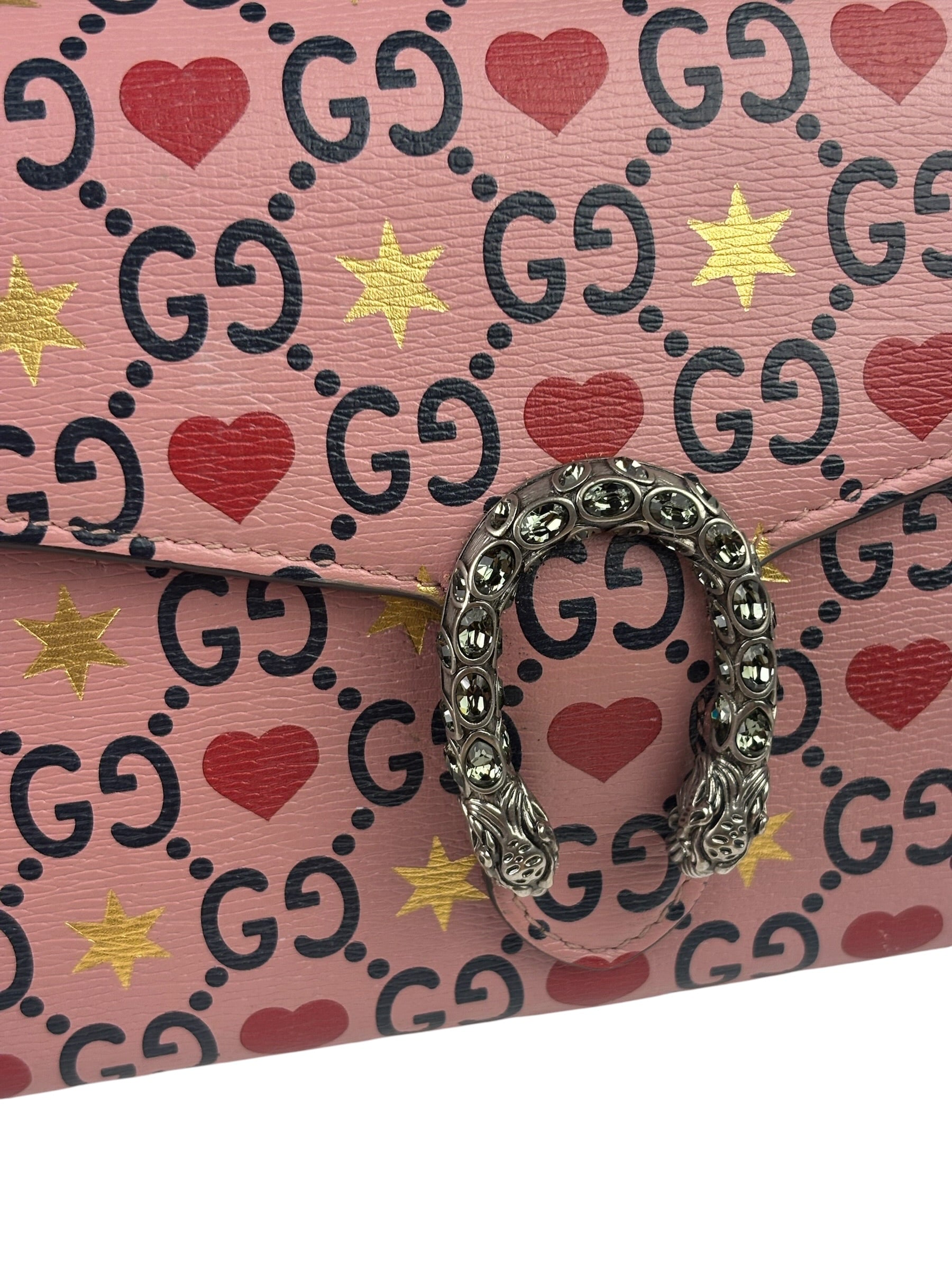 Gucci Pink Leather Dionysus GGCrystal Valentines Small Wallet On Chain