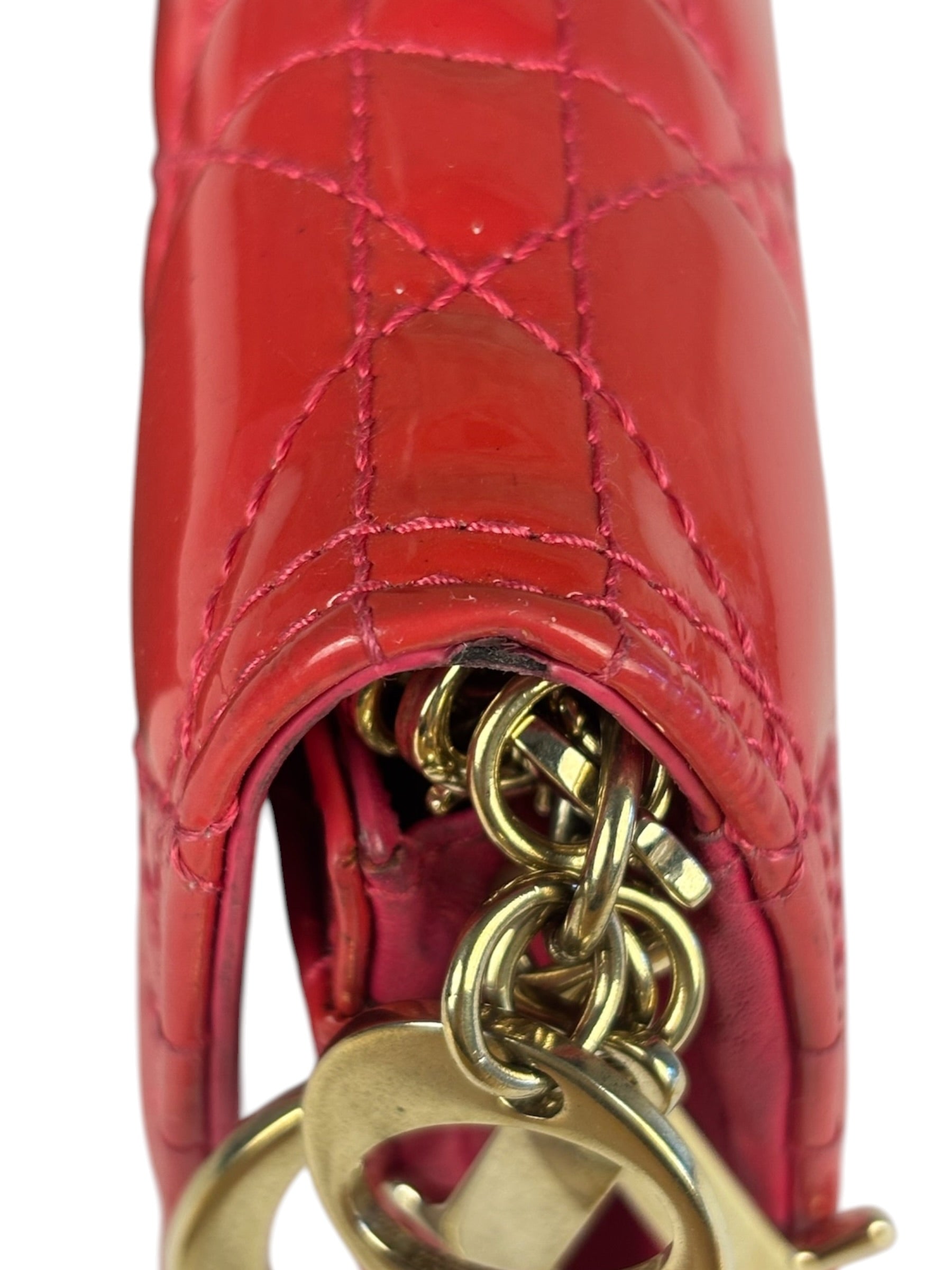 Christian Dior Cannage Red Patent Leather Wallet On Chain
