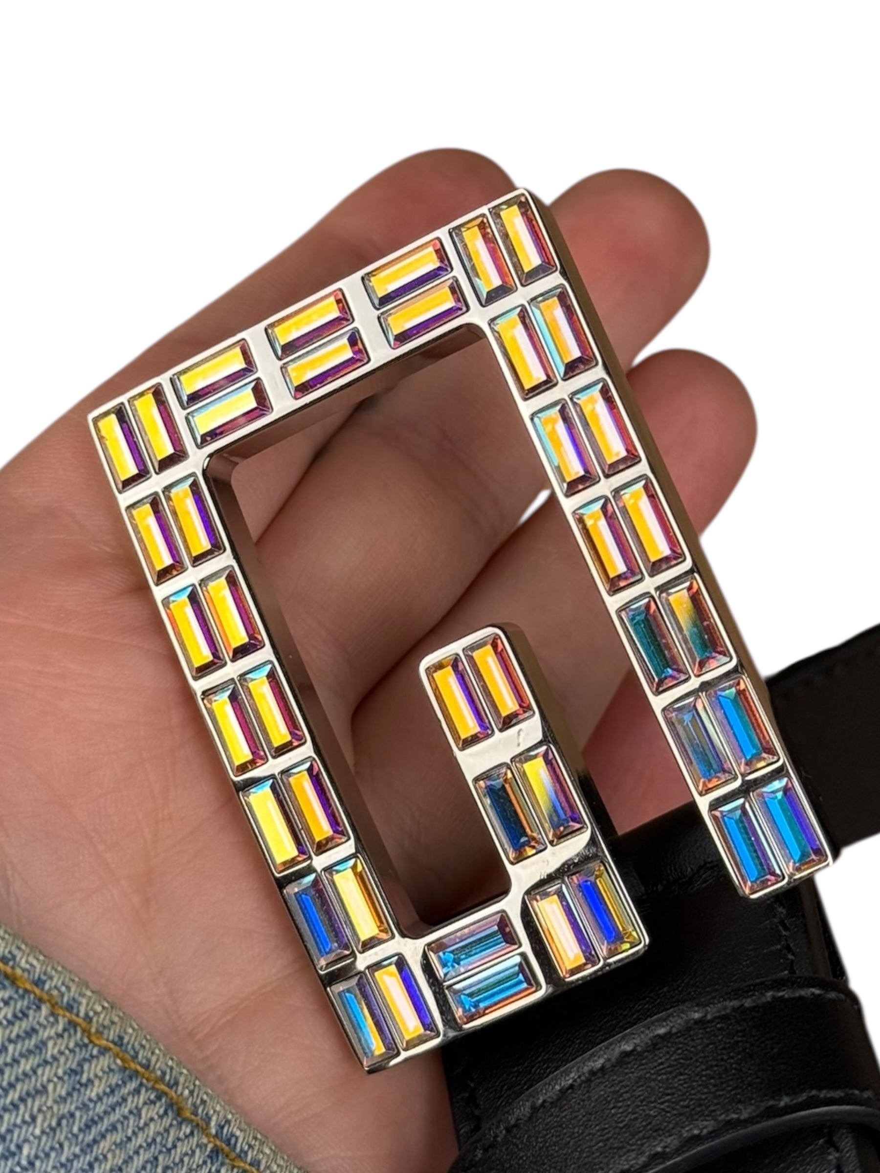 Gucci Black Leather Crystal Logo Belt