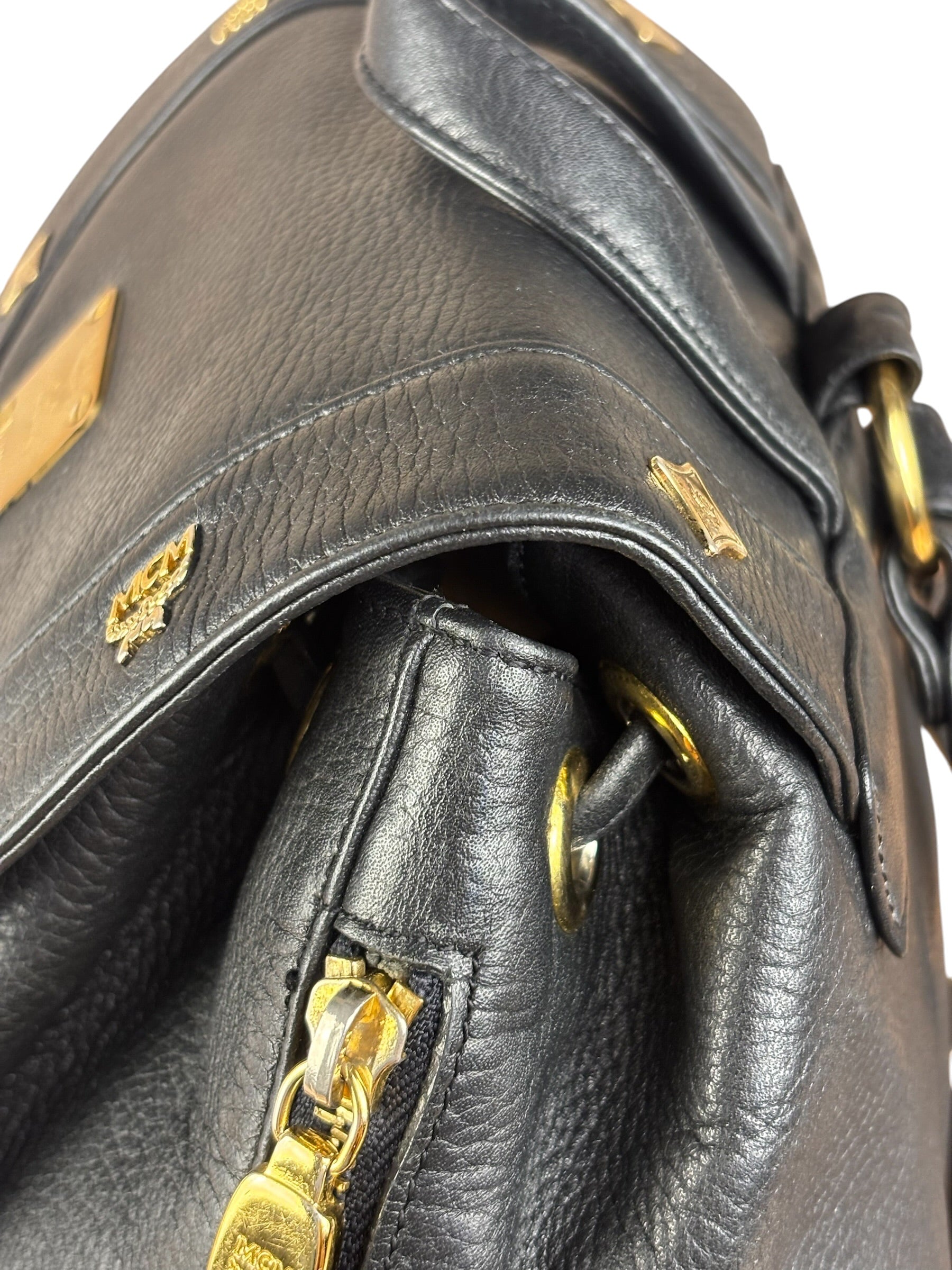 MCM Vintage Black Leather Studded Drawing Backpack