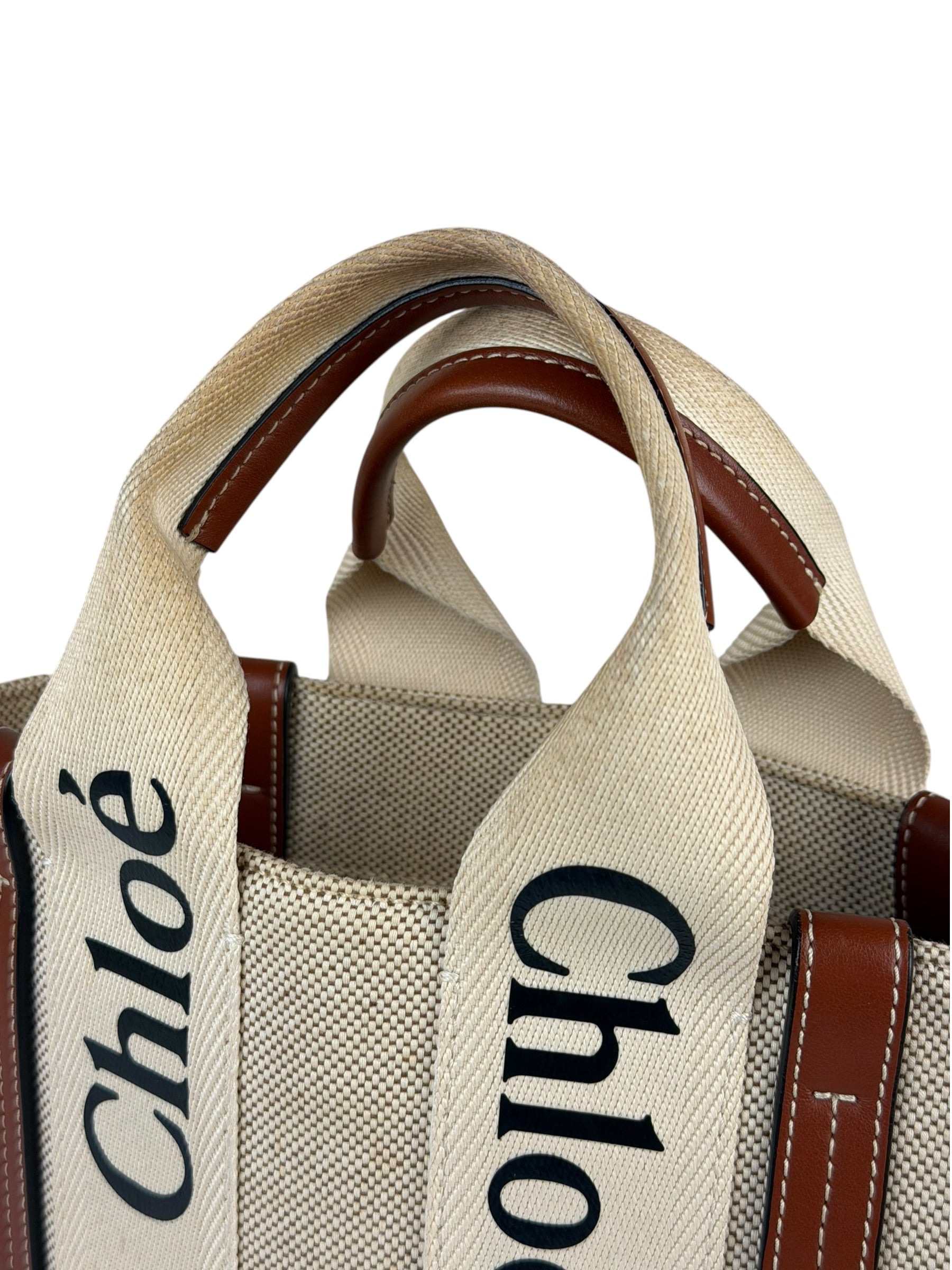 Chloe Brown Leather Trim/Linen Canvas Woody Small Tote