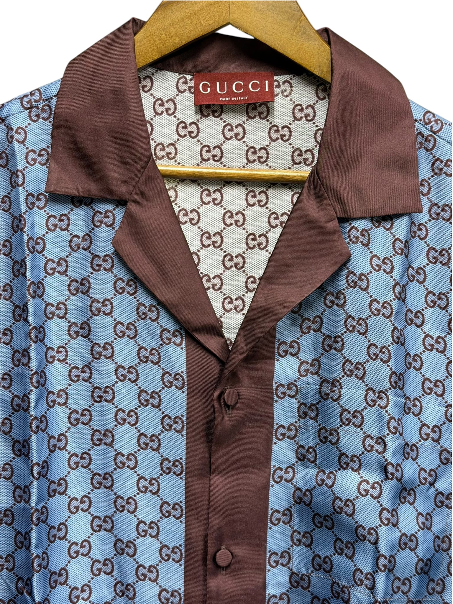 Gucci Brown/Blue Canvas GG Printed Silk Twill Short Sleeve Shirt