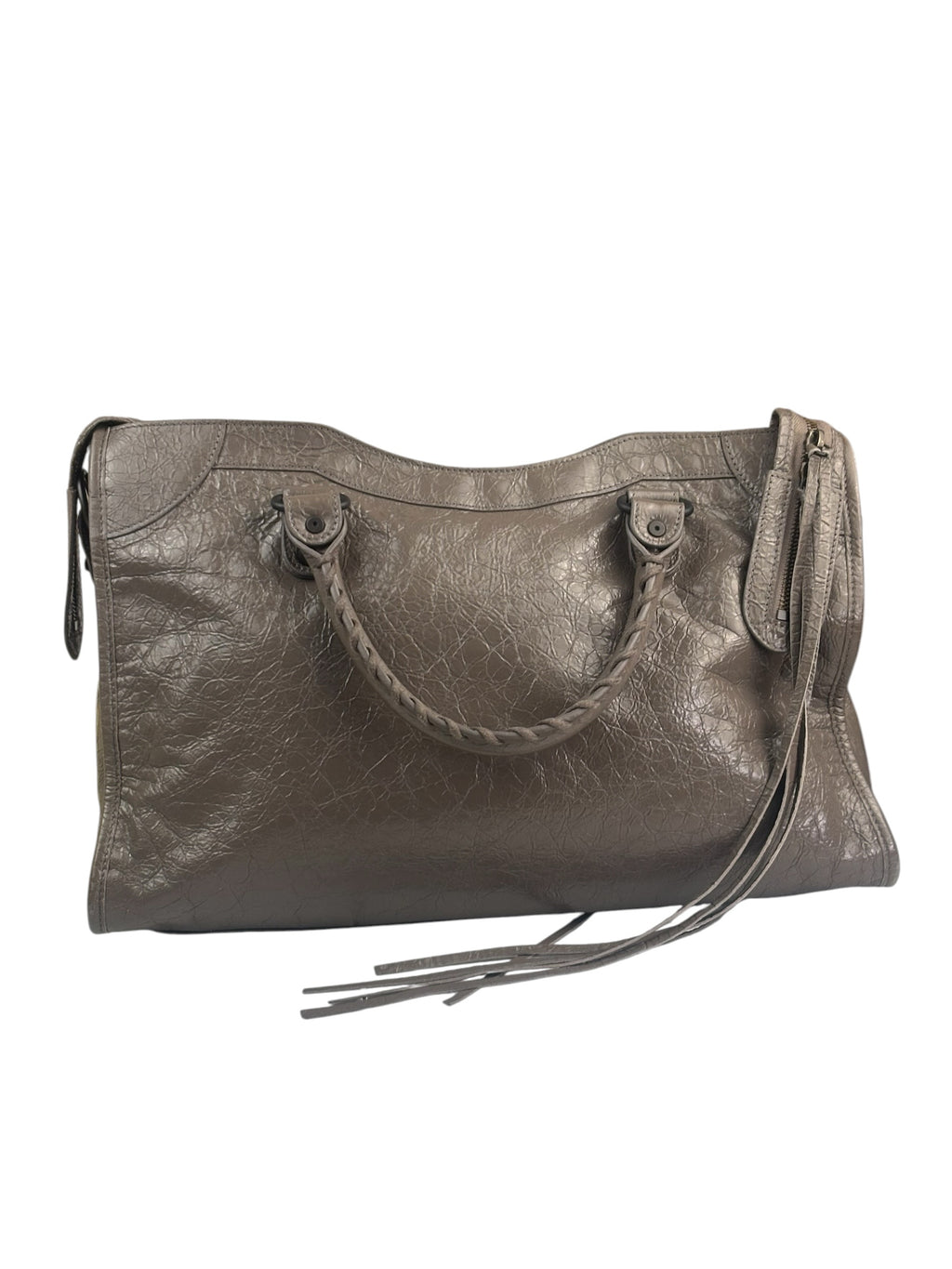 Balenciaga Stone Grey Patent Leather Moto Work Two-Way Bag