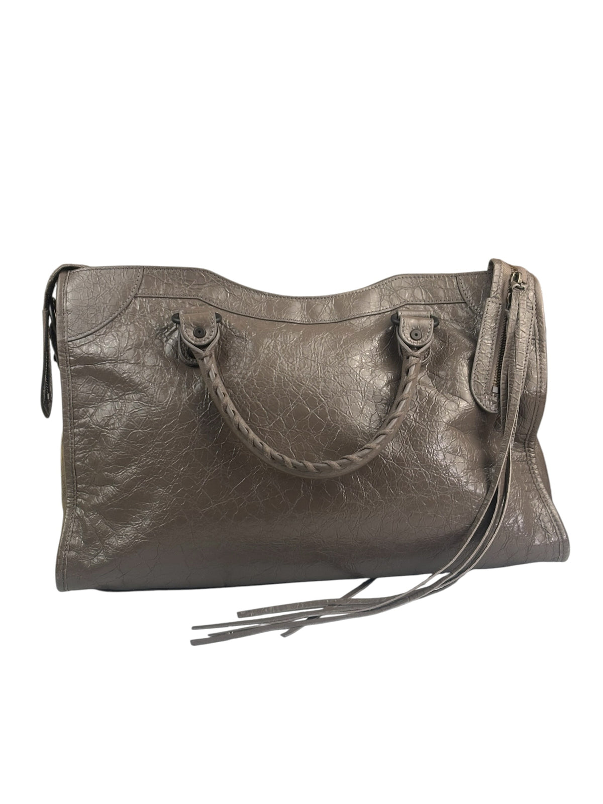 Balenciaga Stone Grey Patent Leather Moto Work Two-Way Bag