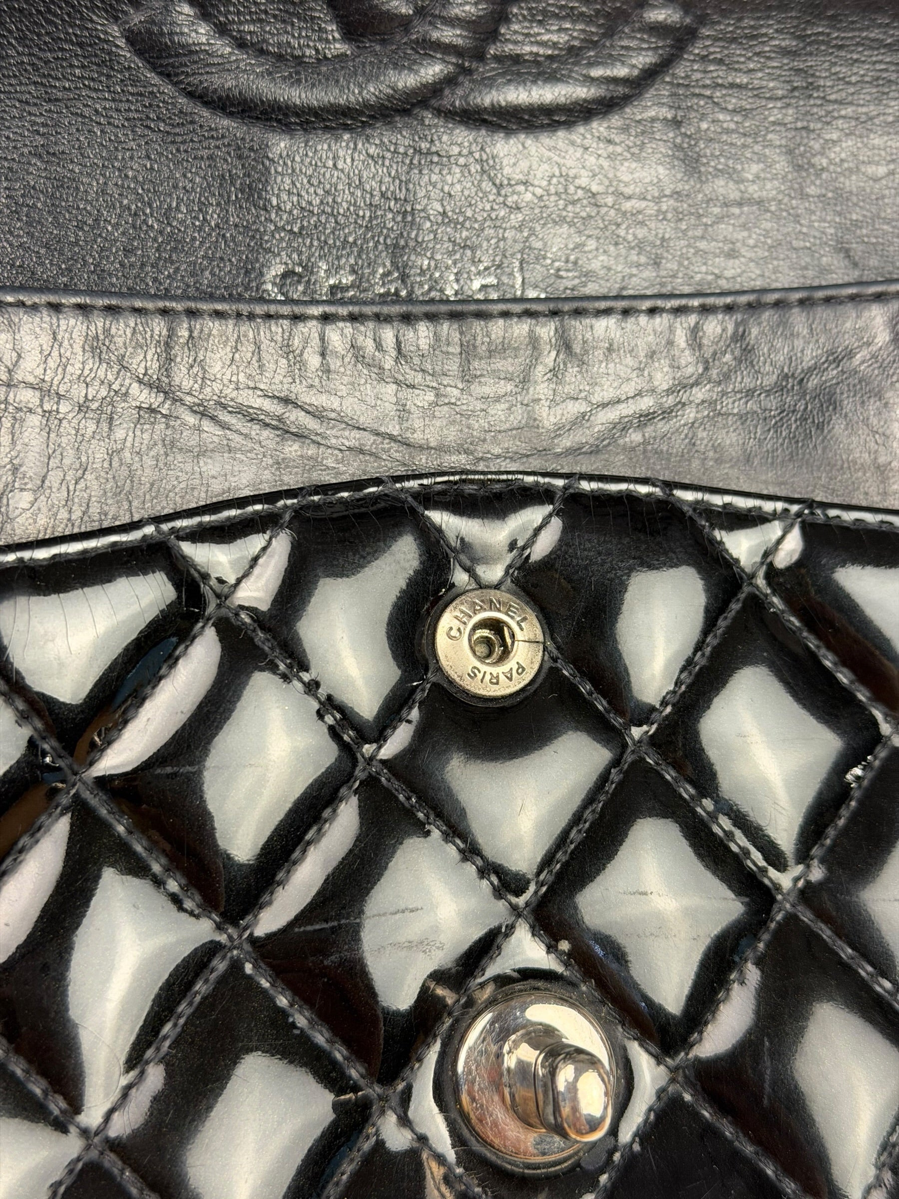 Chanel Black Patent Quilted Leather Double Flap Bag