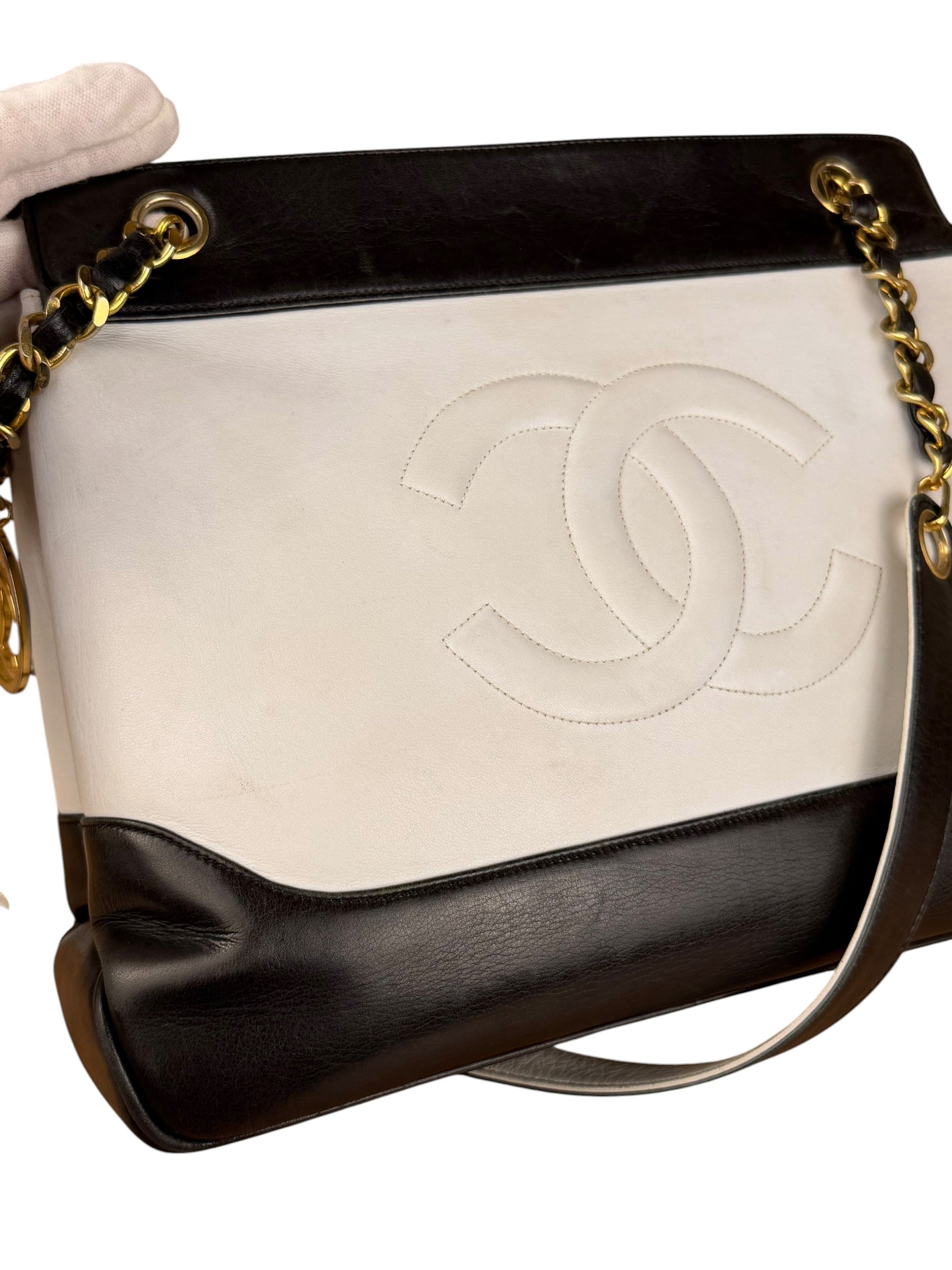 Chanel Vintage Black/White Leather CC Chain Tote '89-'91