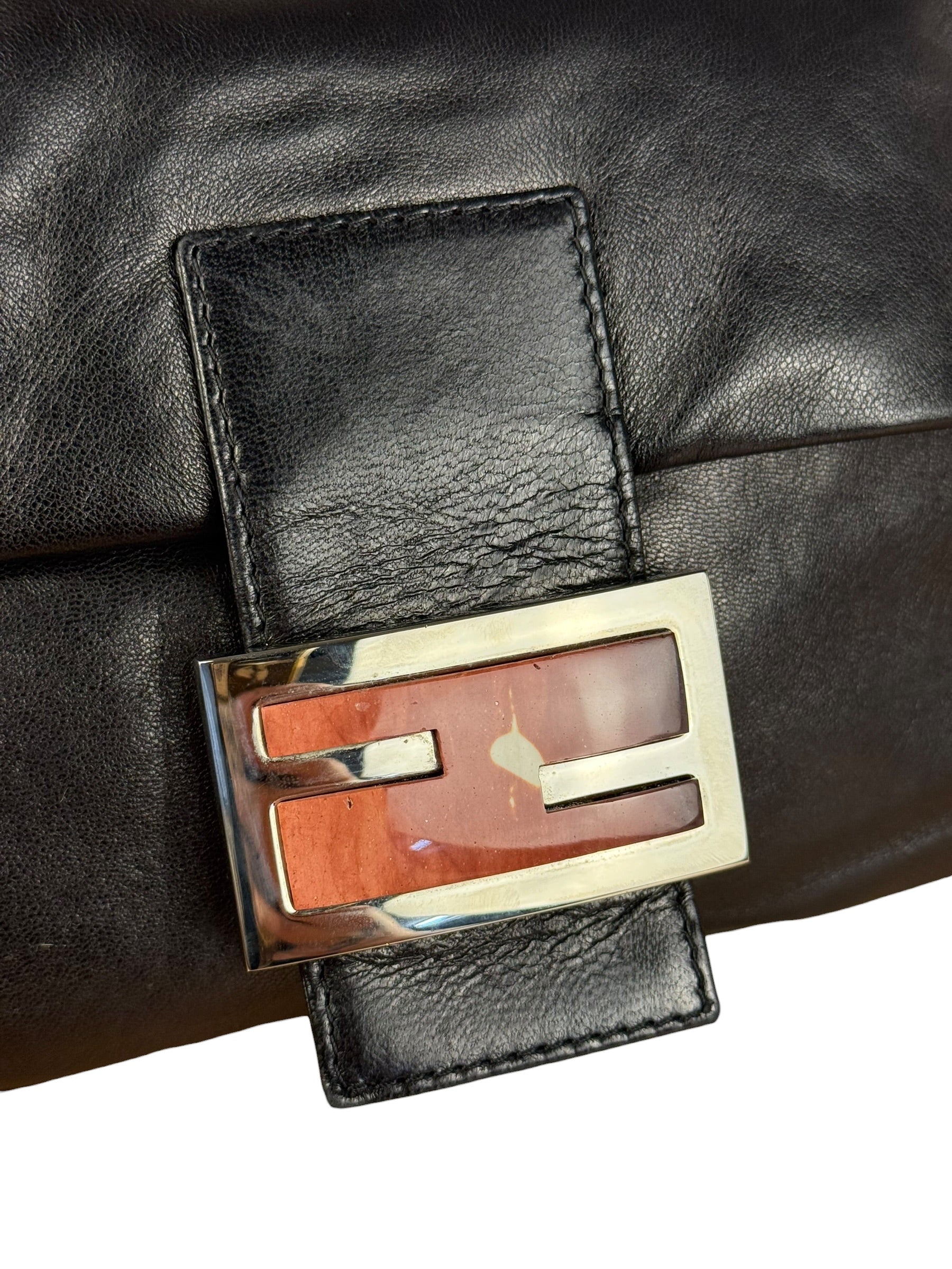 Fendi Vintage Black Leather Marble Buckle Baguette