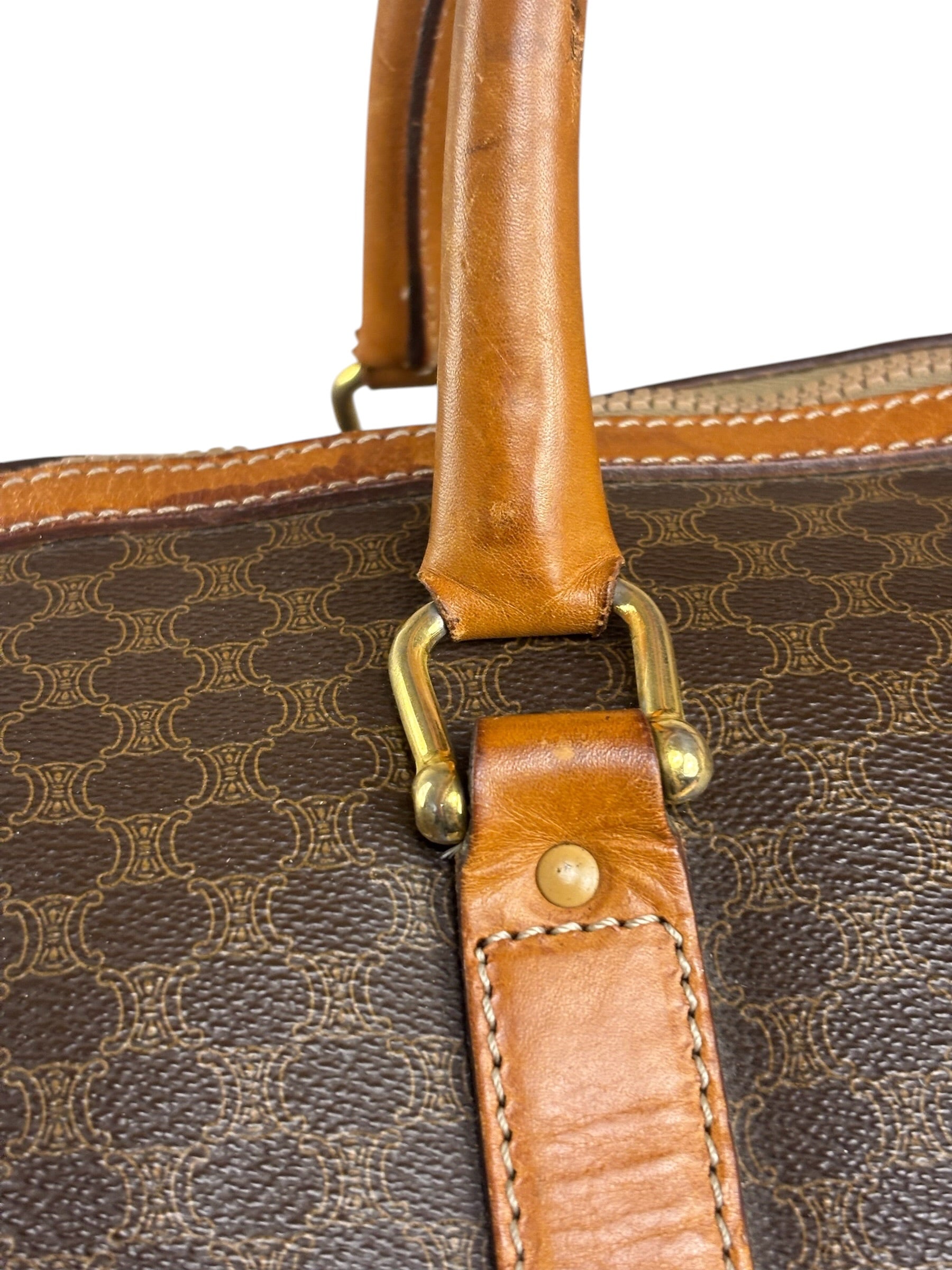 Celine Brown Leather Canvas Macadam Travel Handbag