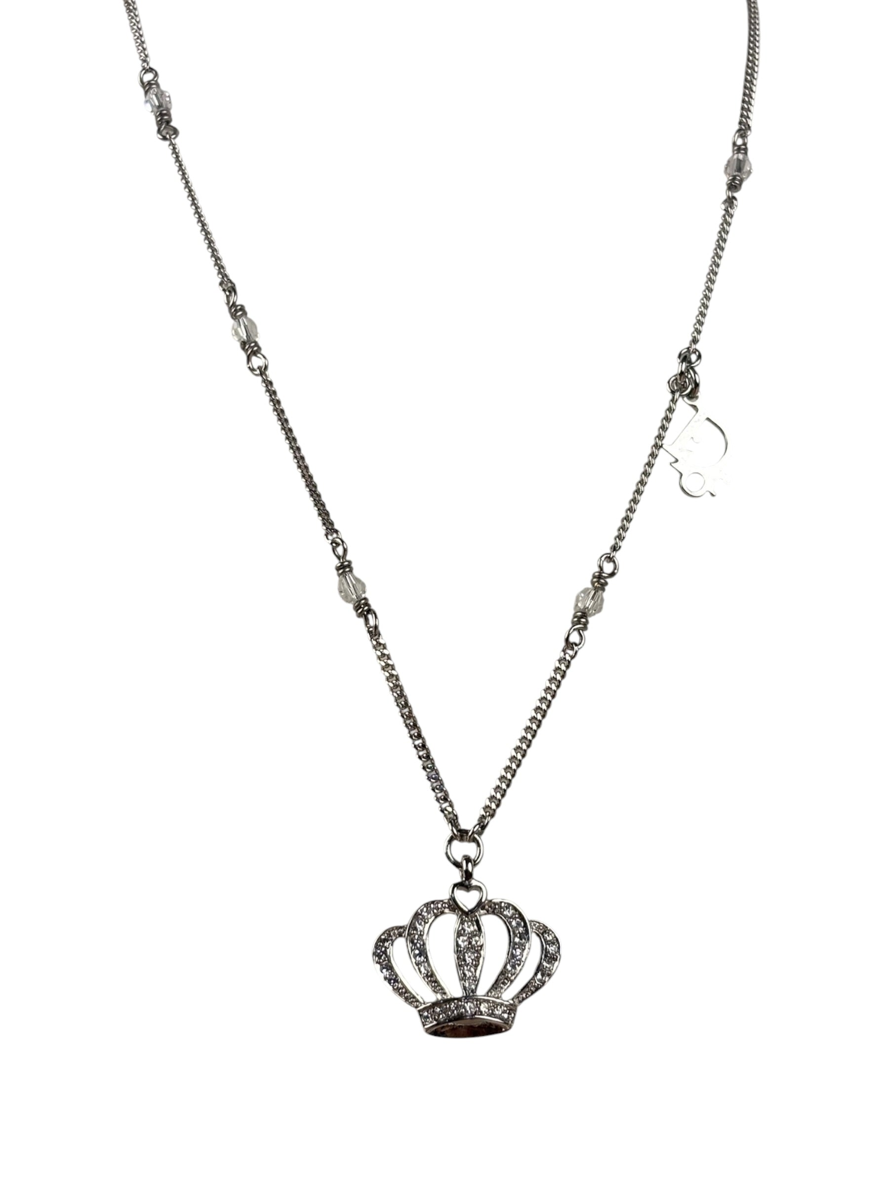 Christian Dior Vintage Crown Rhinestone Pendant Logo Necklace