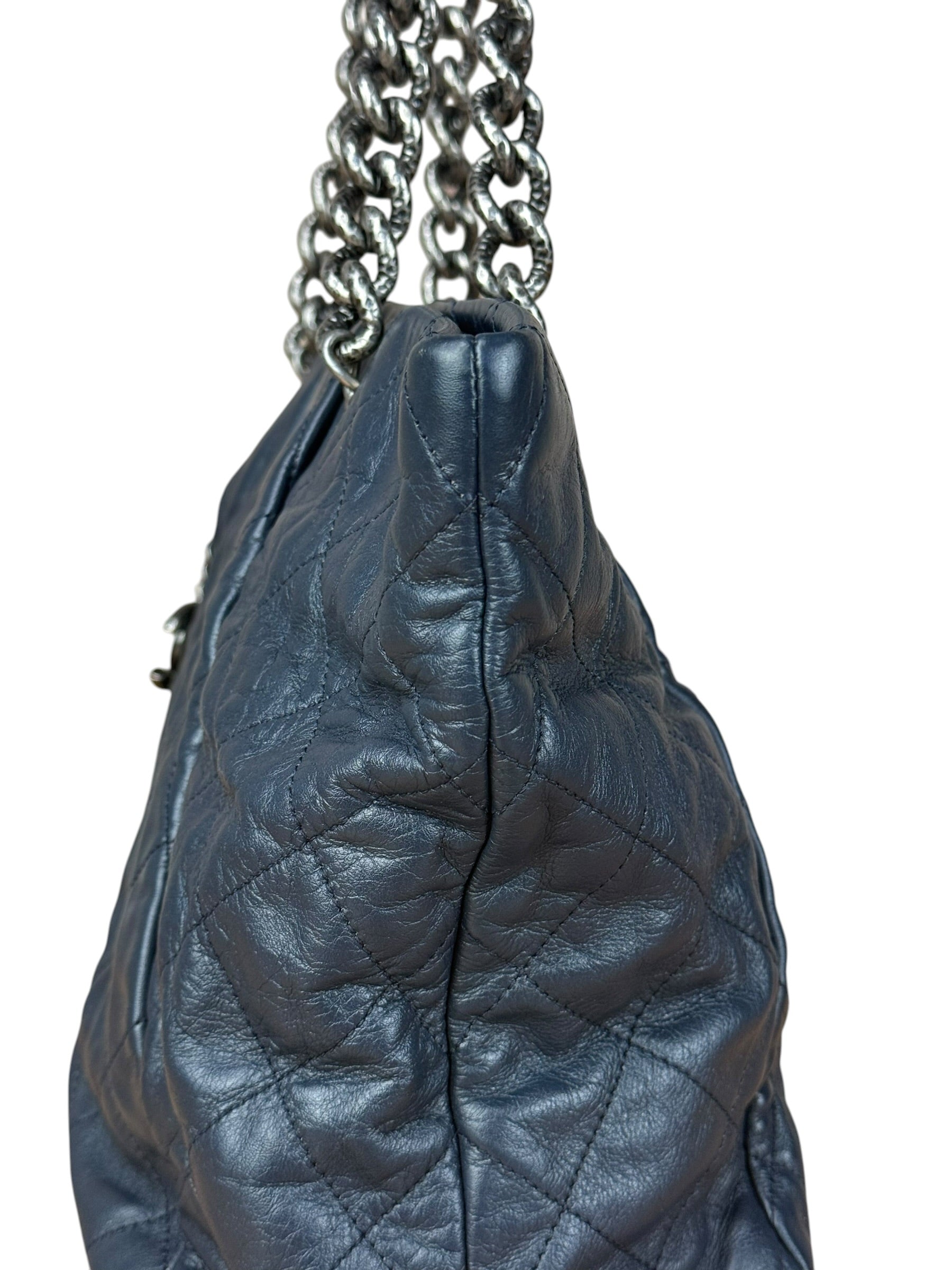 Chanel Dark Navy Quilted Leather Coco Pleats Chain Tote 2012