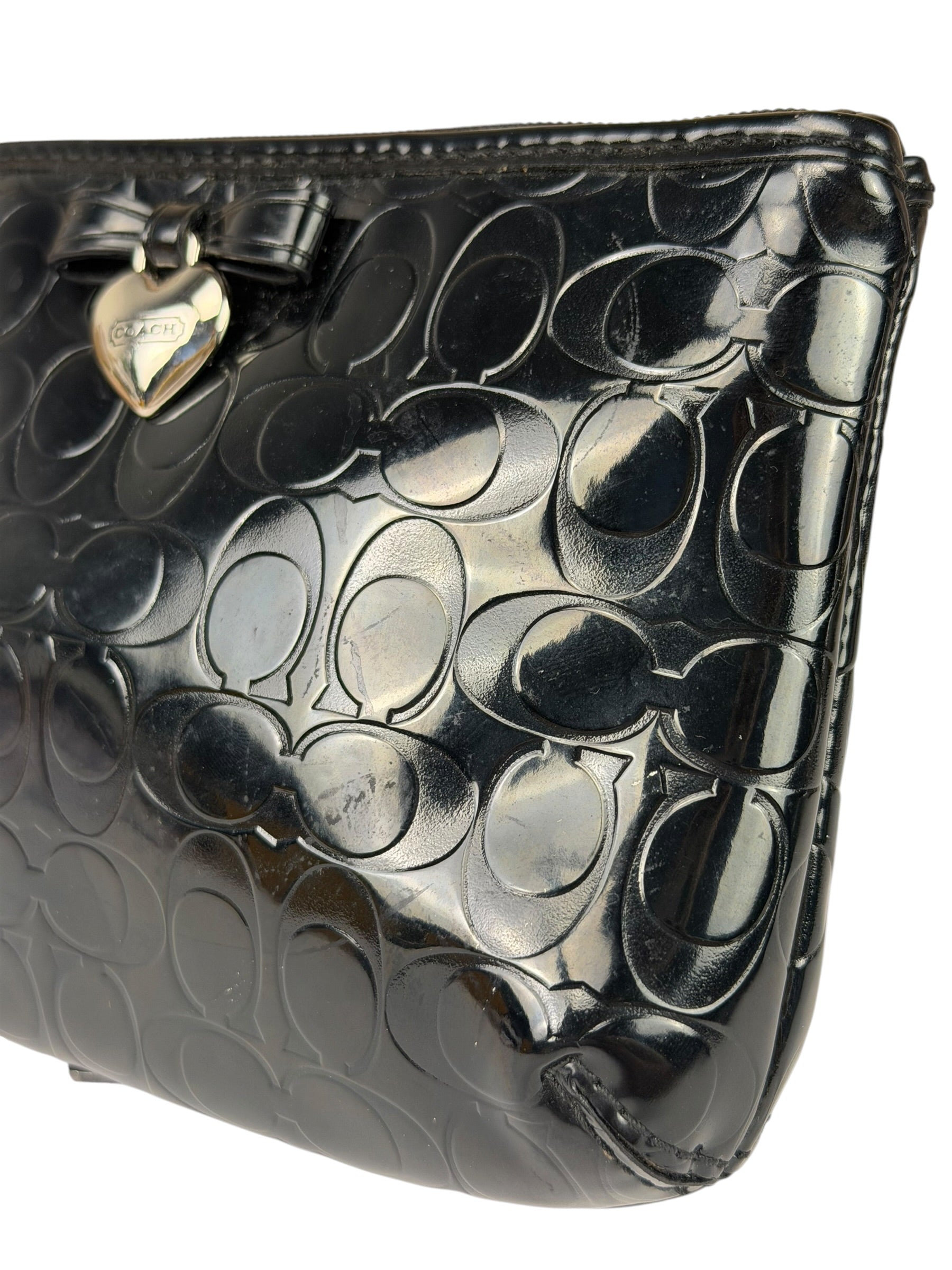 Coach Black Patent Leather Heart & Bow Wristlet