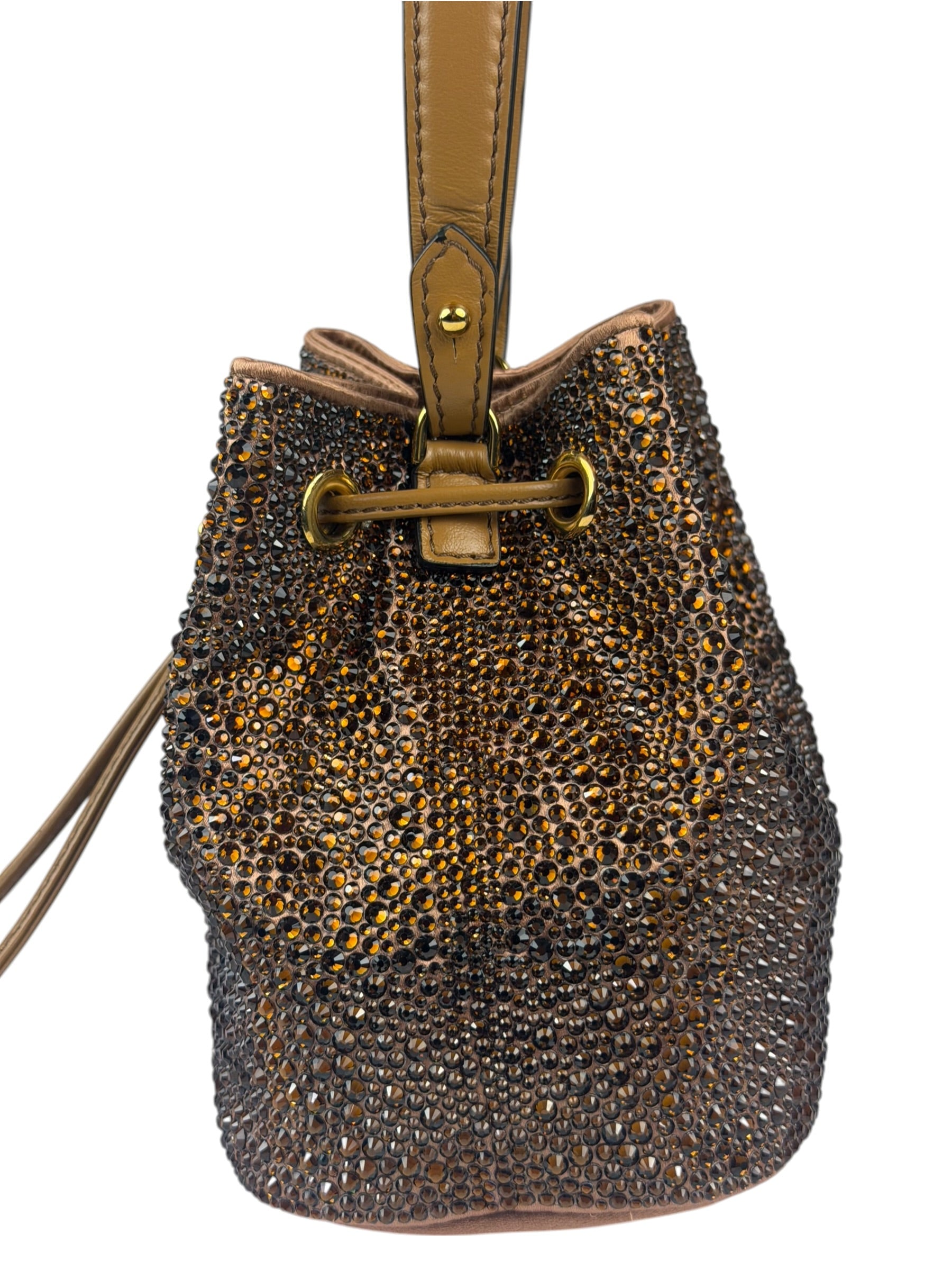 Versace La Medusa Brown Satin Crystal Embellished Mini Bucket Bag