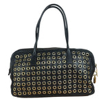 Prada Vintage Black Leather Nappa Metal Grommet Bauletto Handbag