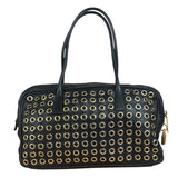 Prada Vintage Black Leather Nappa Metal Grommet Bauletto Handbag