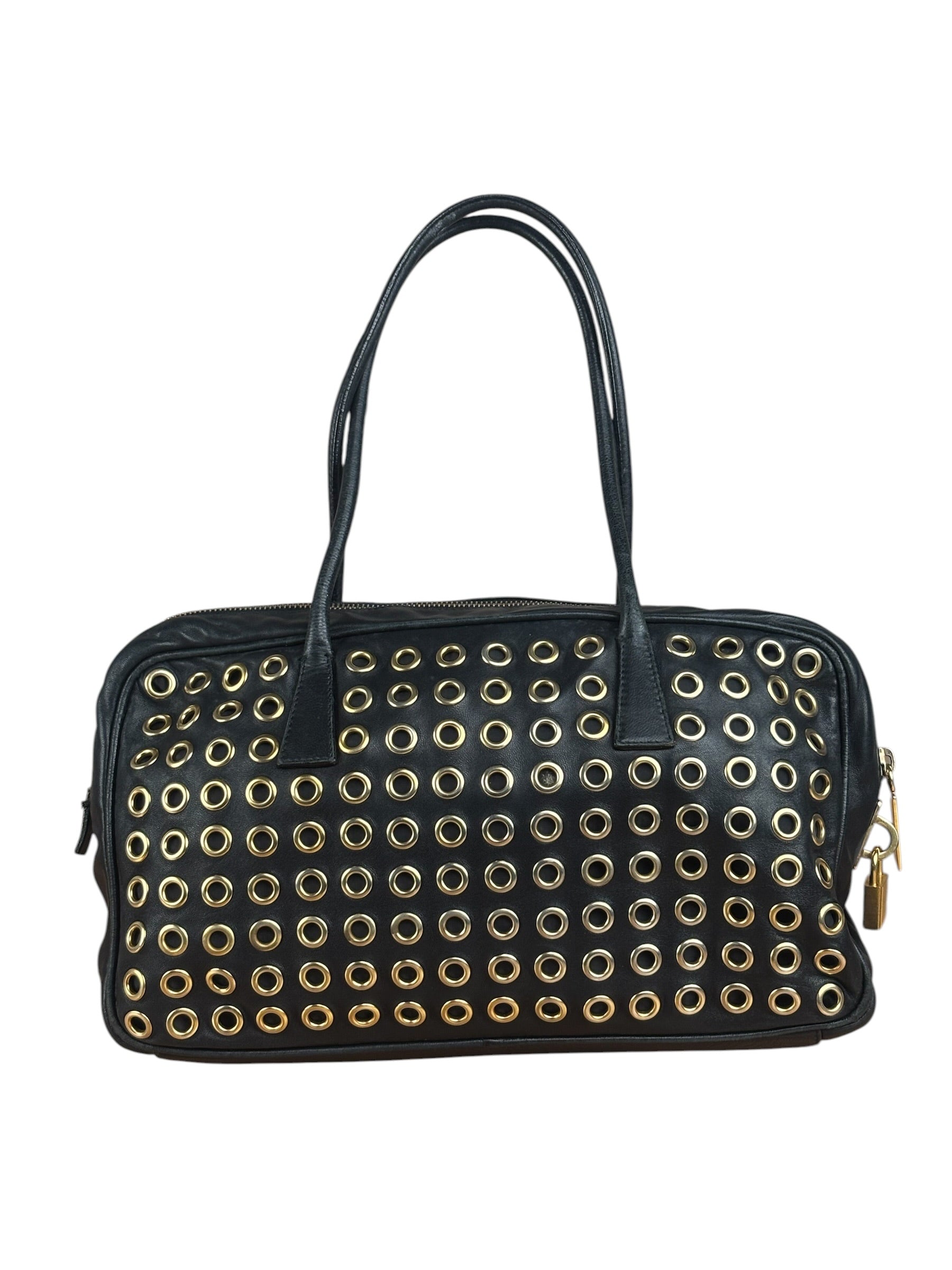 Prada Vintage Black Leather Nappa Metal Grommet Bauletto Handbag