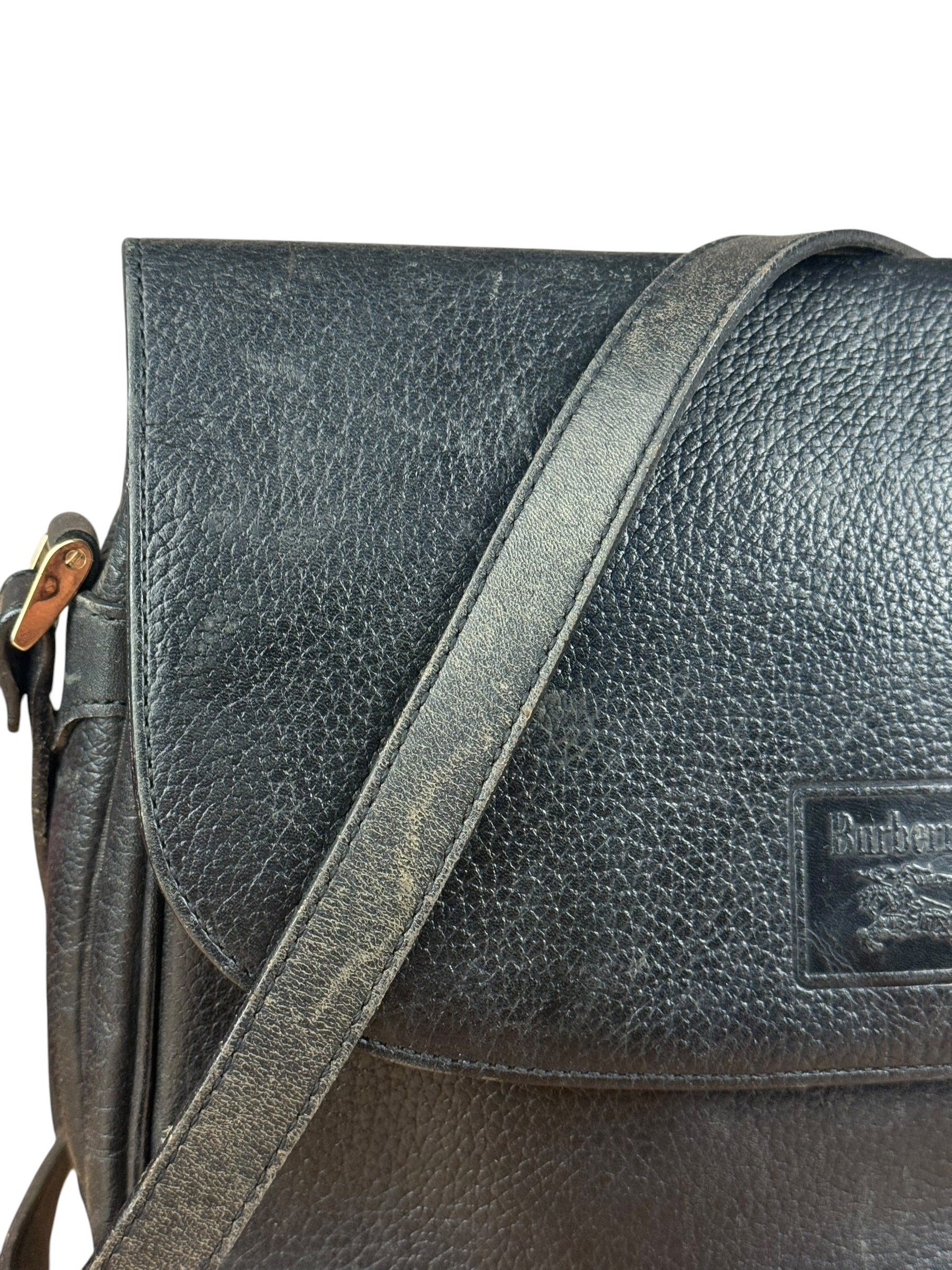 Burberry Vintage Black Pebbled Leather Crossbody Flap Bag