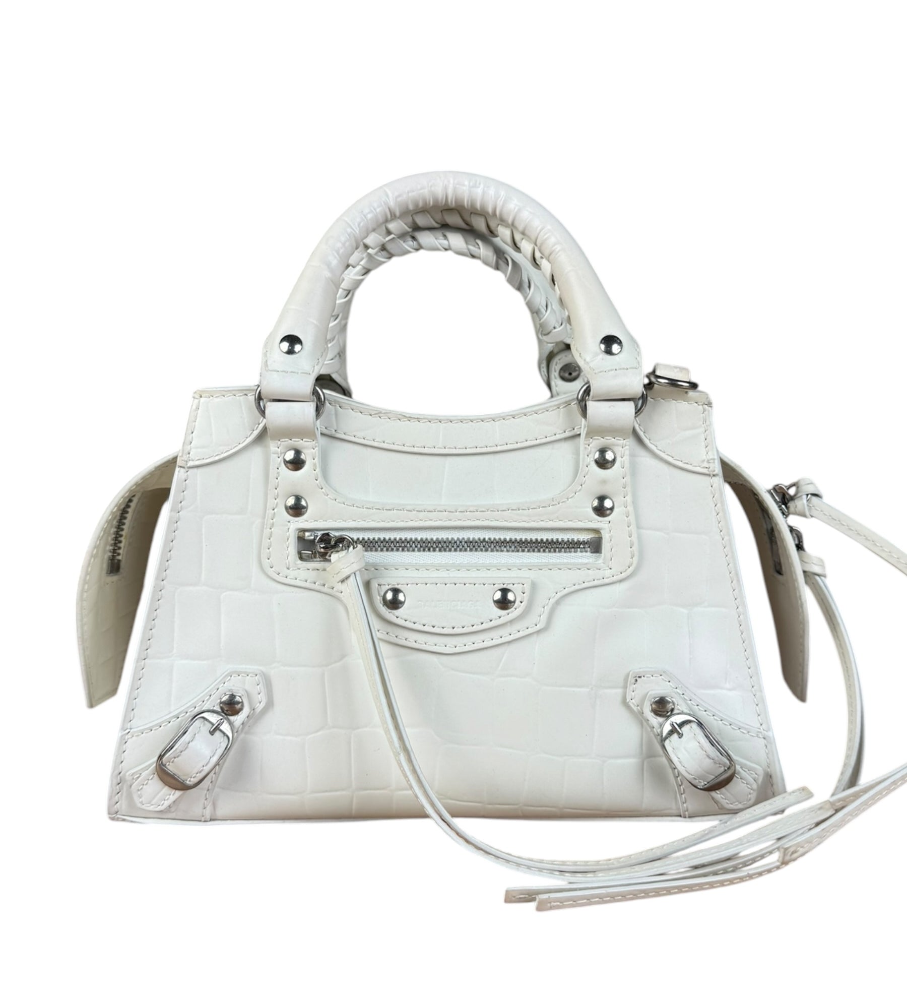 Balenciaga White Croc Embossed S Neo City Bag