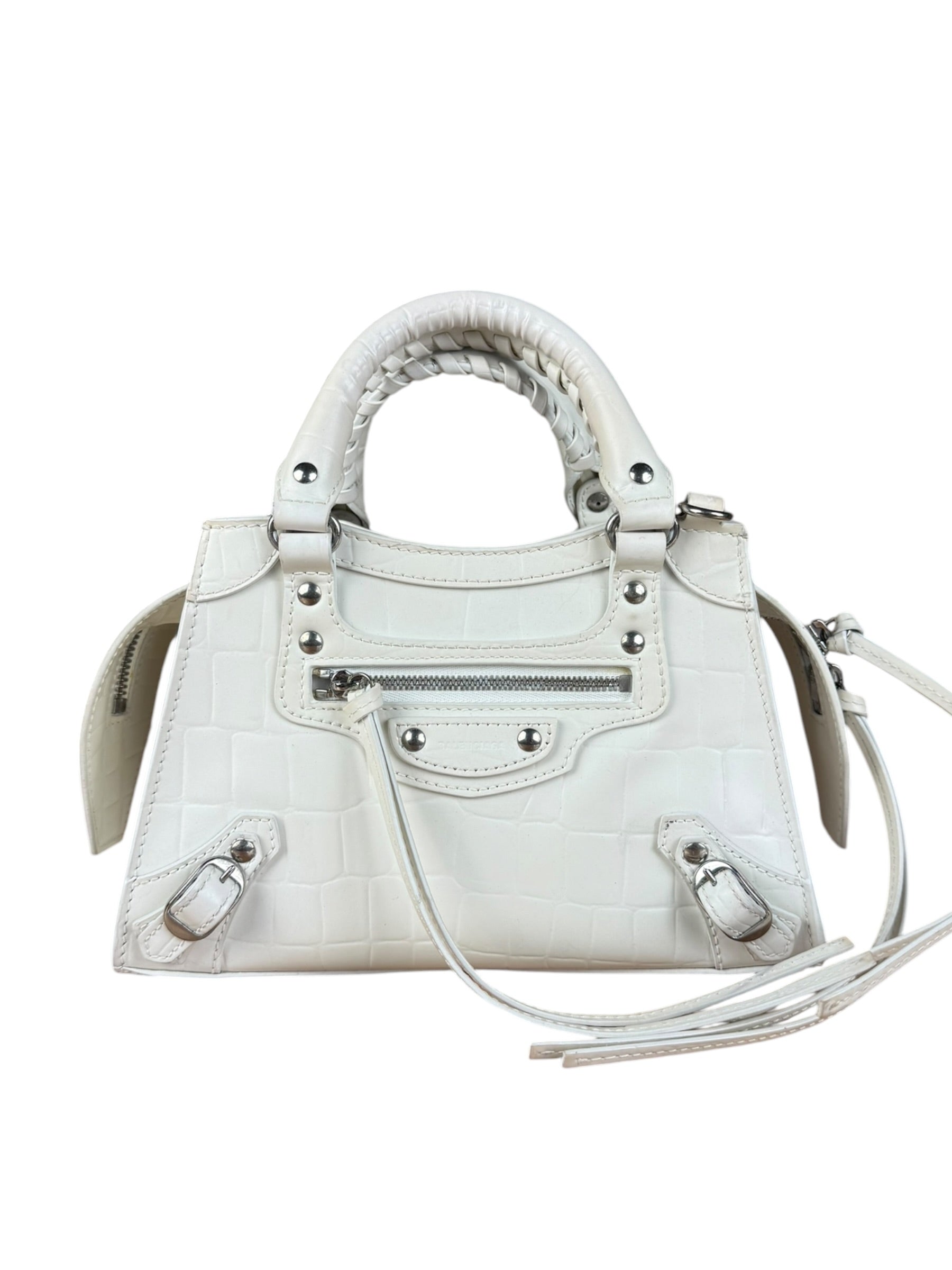 Balenciaga White Croc Embossed S Neo City Bag