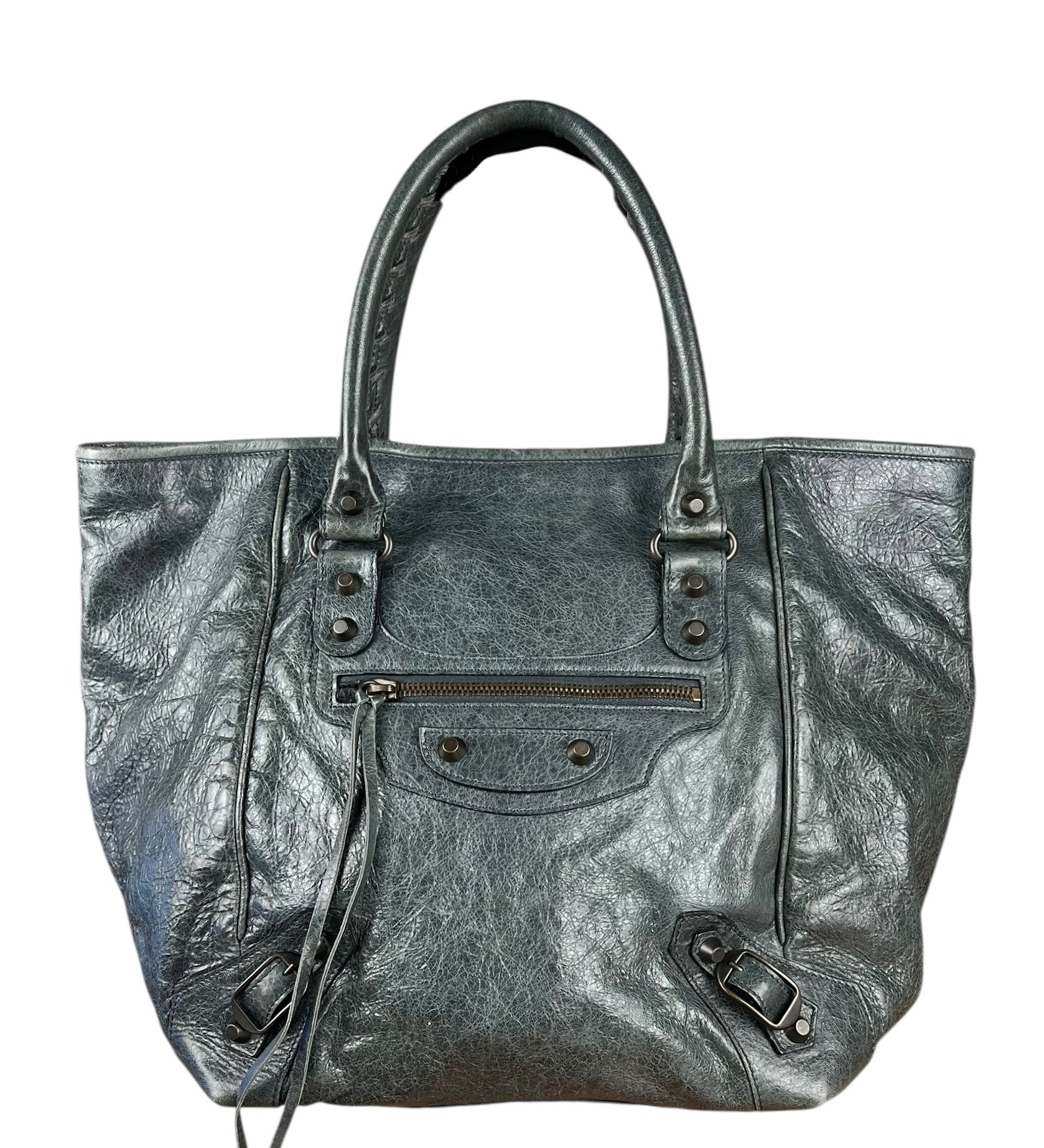 Balenciaga Leather Motocross Muted Teal Sunday Tote