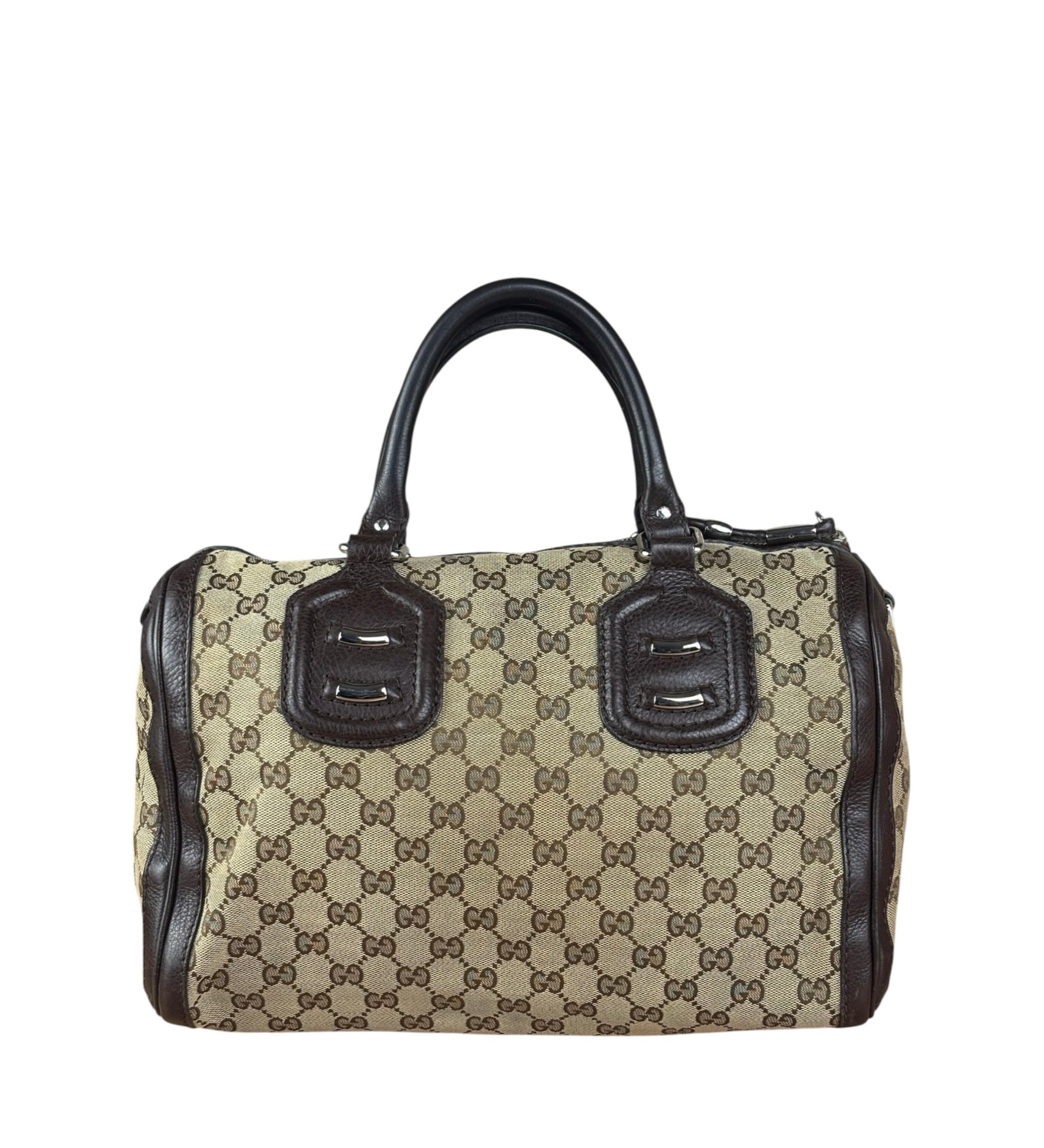 Gucci GG Leather Trim Canvas Techno Boston Handbag