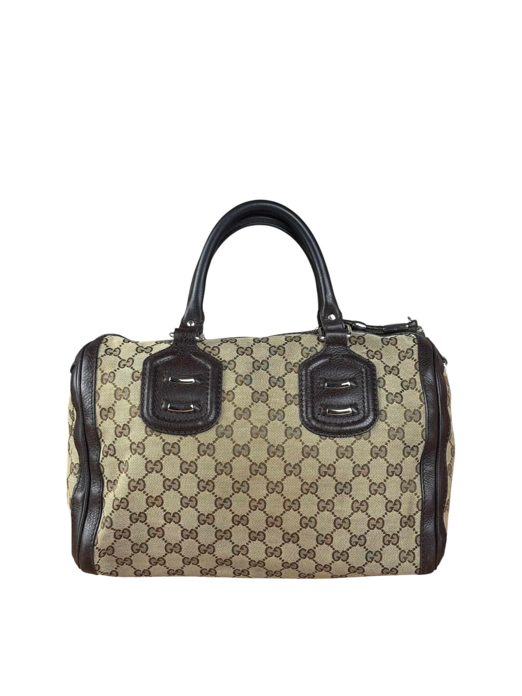 Gucci GG Leather Trim Canvas Techno Boston Handbag