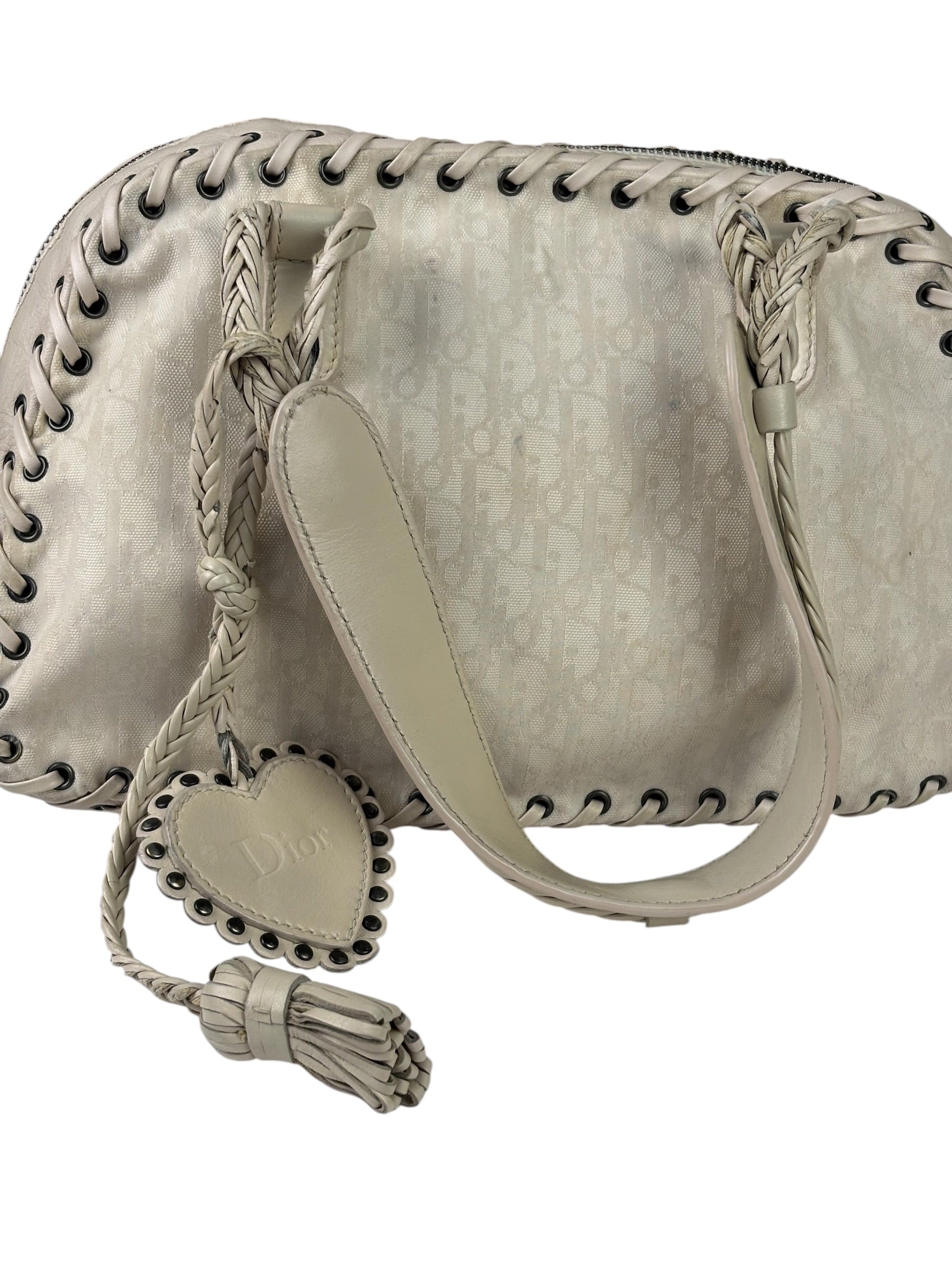 Christian Dior Cream Leather Braided Ethnic Shoulder Bag