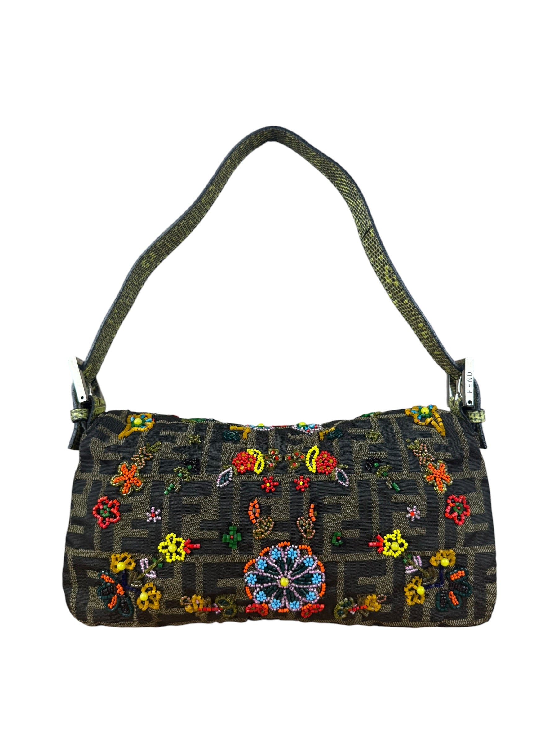 Fendi Vintage Zucca Beaded Lizard Trimmed Baguette