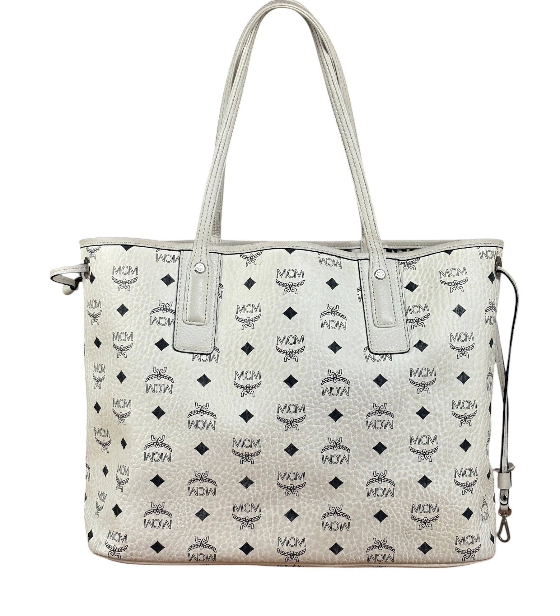 MCM White Leather Reversible Liz Shopper In Visetos Tote Bag