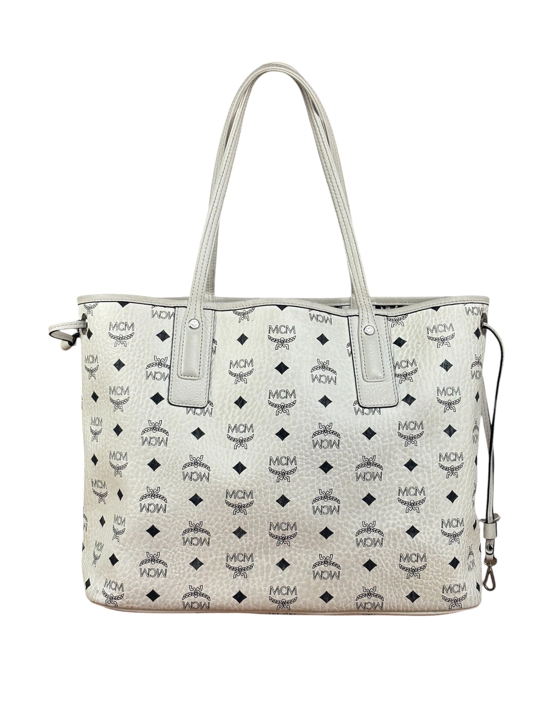 MCM White Leather Reversible Liz Shopper In Visetos Tote Bag