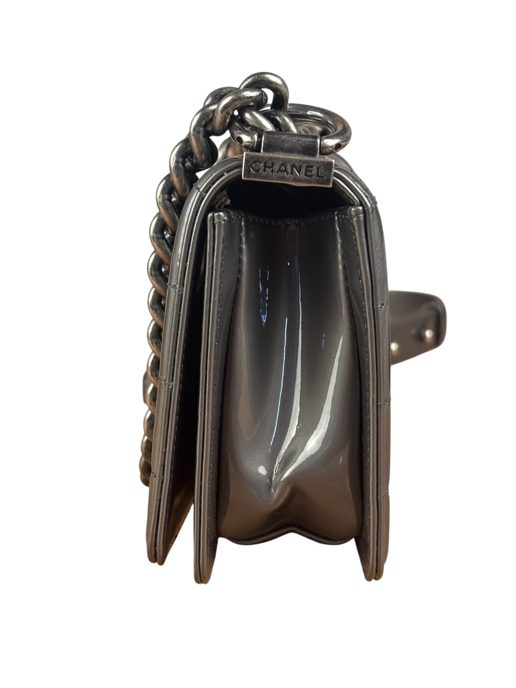 Chanel Gray Patent Leather Boy Flap Shoulder Bag