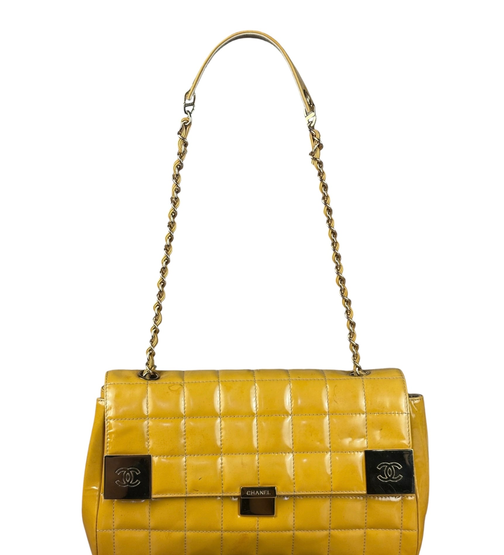 Chanel Yellow Patent Chocolate Bar Quilted CC Shoulder Bag 2002