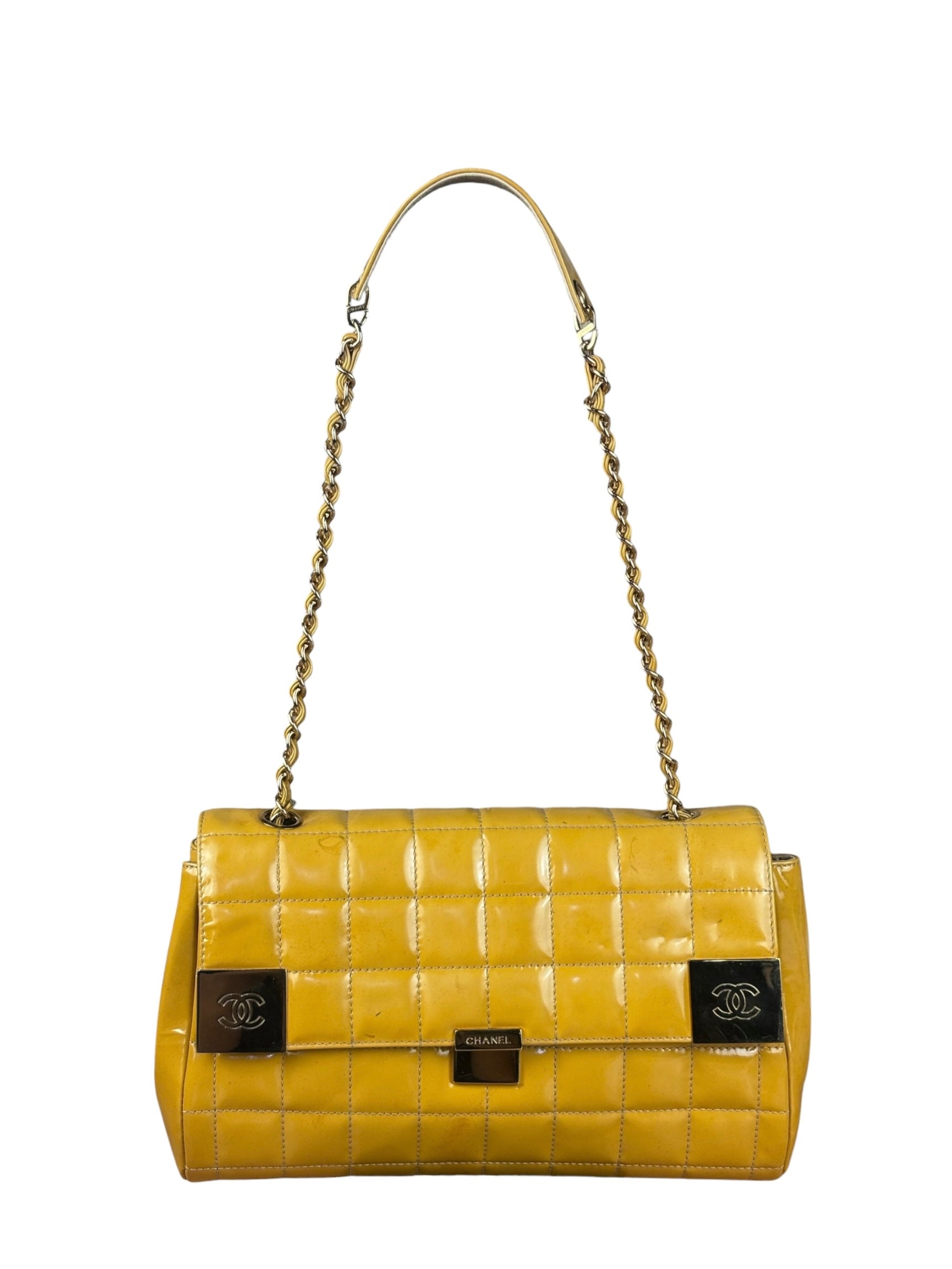 Chanel Yellow Patent Chocolate Bar Quilted CC Shoulder Bag 2002
