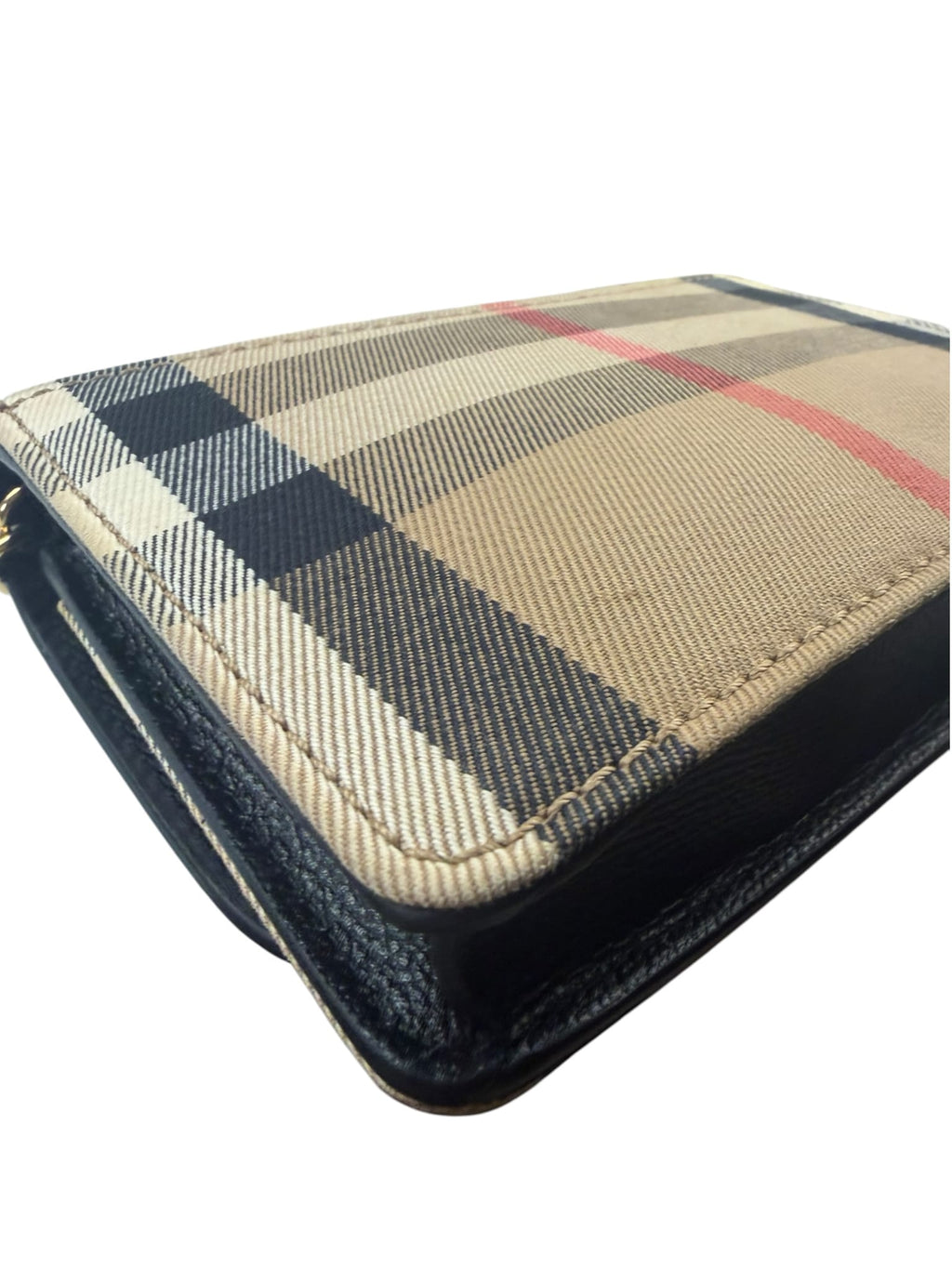 Burberry Black Leather House Check Flap Wallet On Chain
