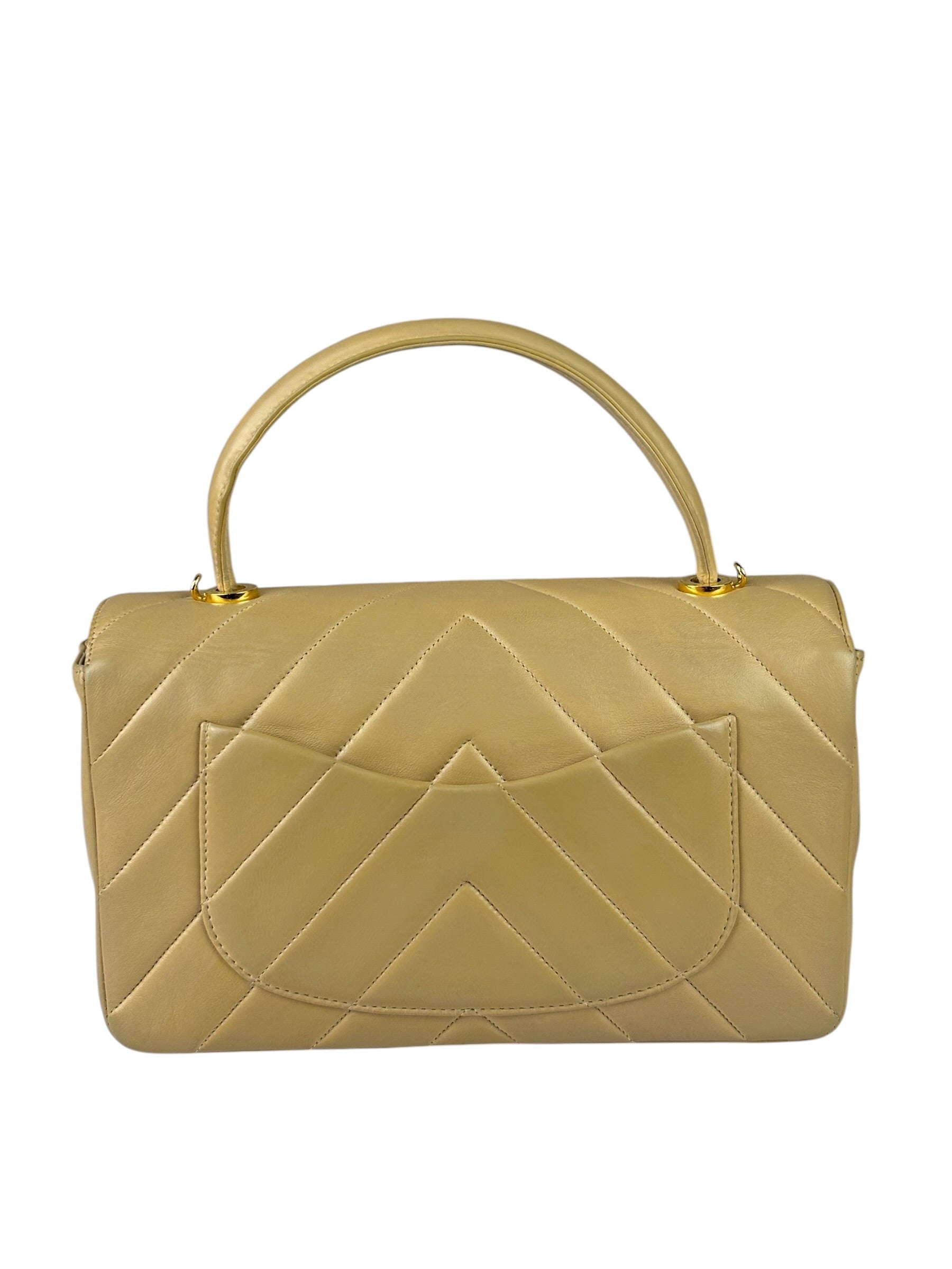 Chanel Vintage Beige Lambskin Chevron Coco Handle Flap Two-Way Bag 1991