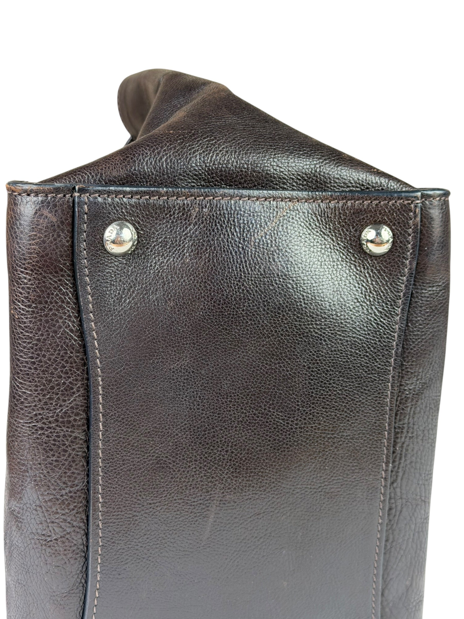 Prada Dark Brown Calf Leather Glace Twin-Pocket Tote