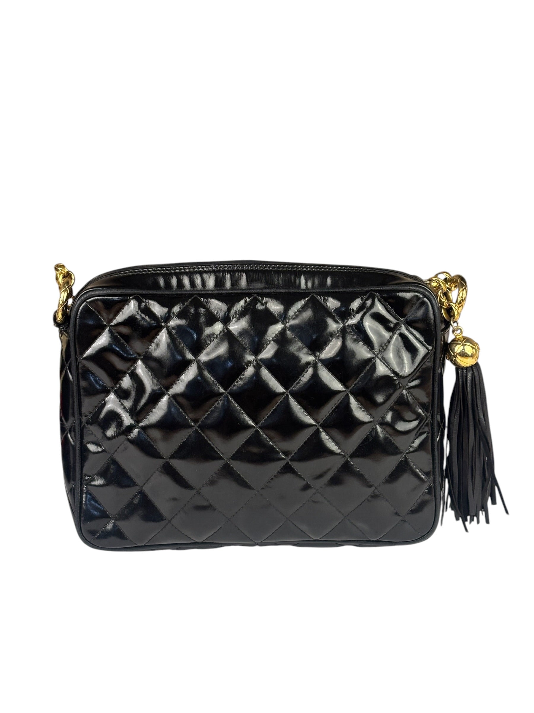 Chanel Black Quilted Patent Leather Camera Bag 1989