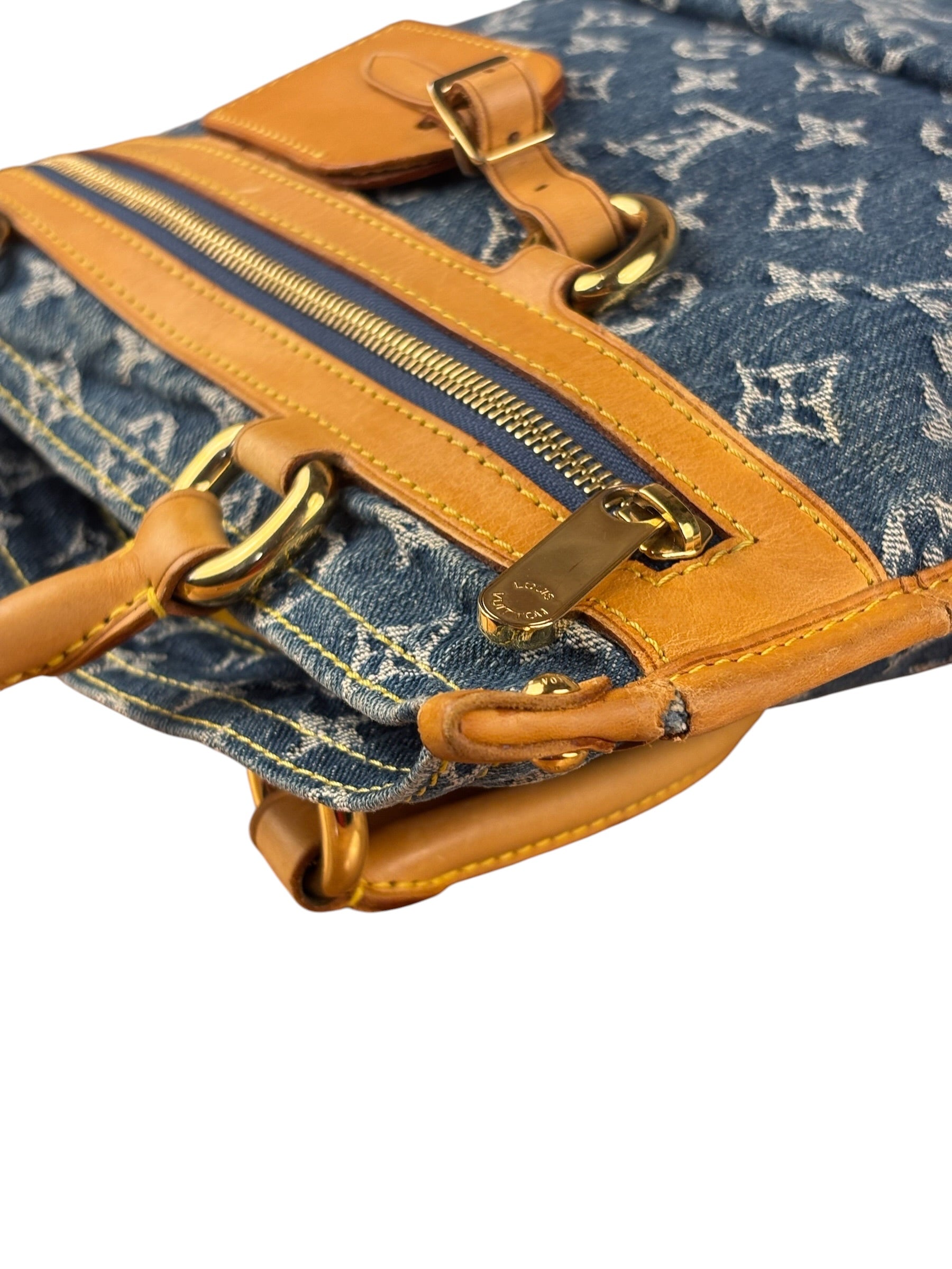 Louis Vuitton Denim Leather Trim Monogram Flat Tote Bag