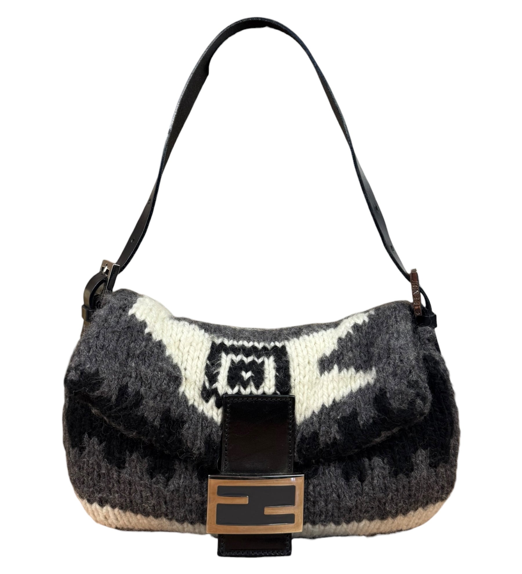 Fendi Vintage Grey/Black Knit Wool Baguette