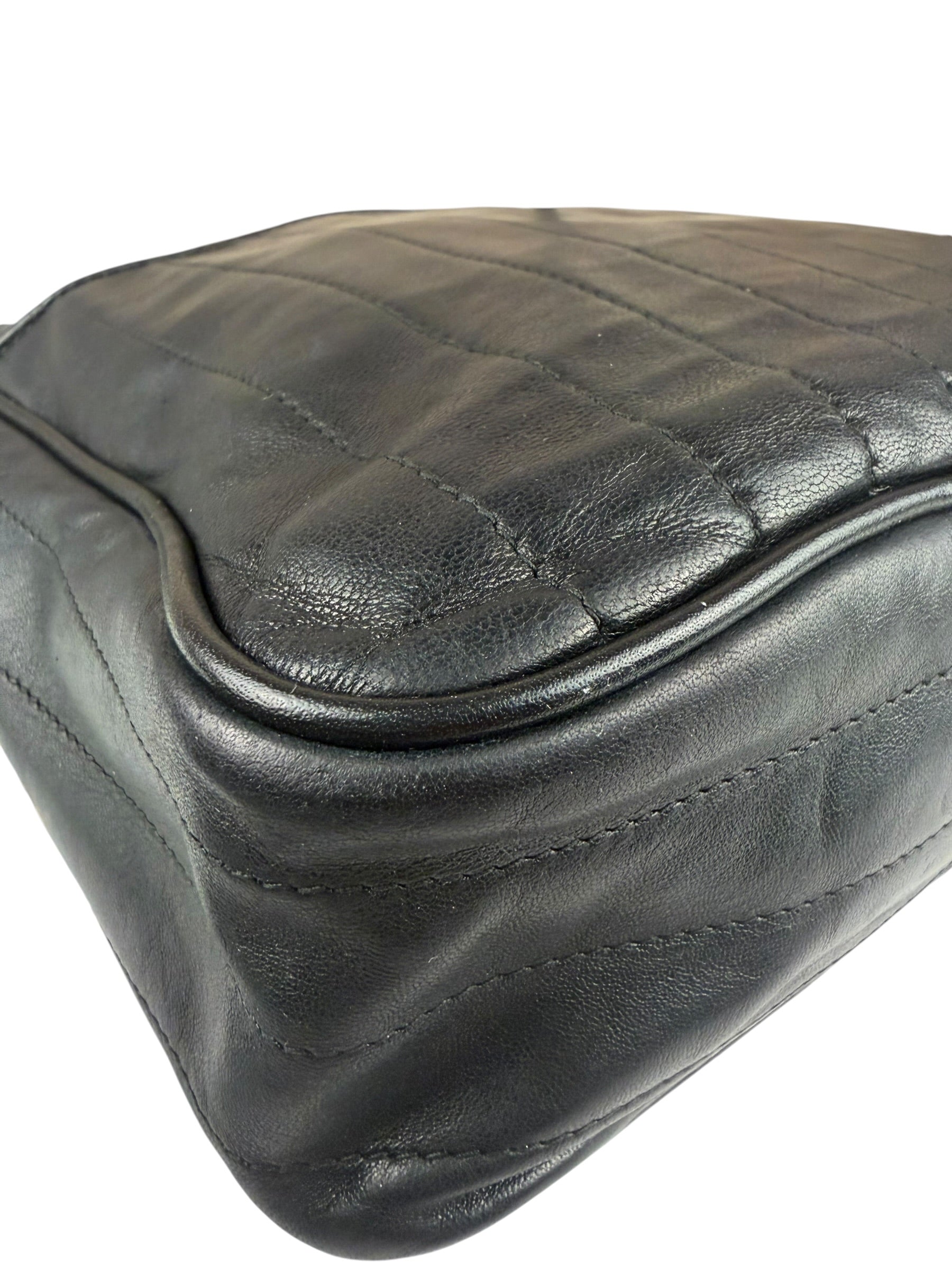 Chanel Vintage Black Leather Mademoiselle Vertical Quilted Shoulder Bag 1990's