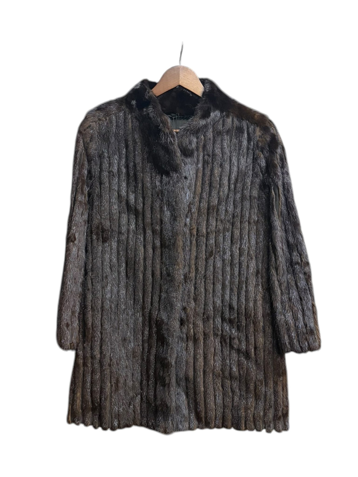 Vintage Dark Brown Leather Trim Striped Mink Fur