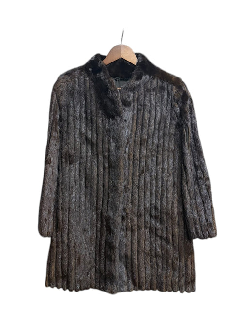Vintage Dark Brown Leather Trim Striped Mink Fur