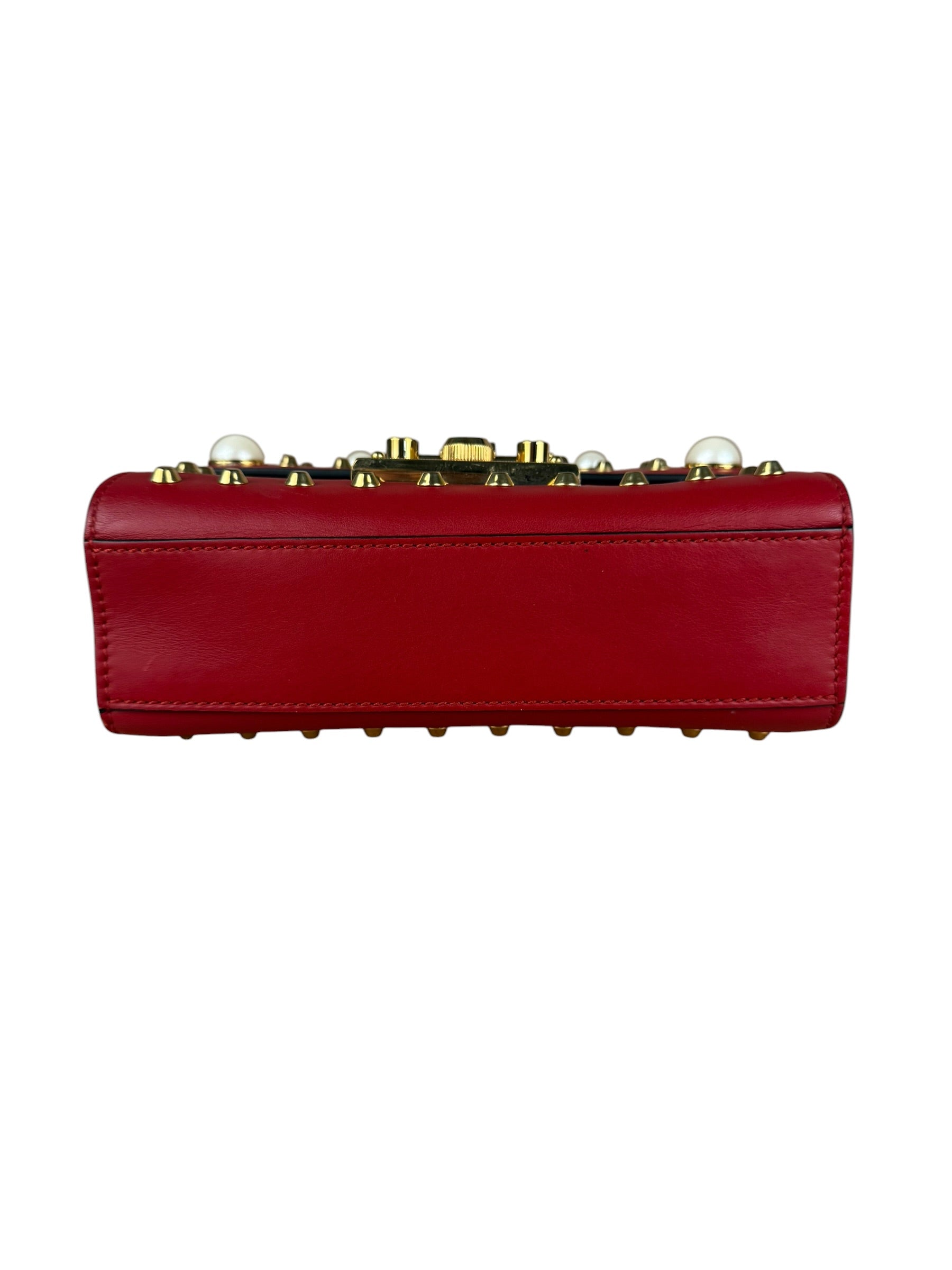 Gucci Red Leather Pearl Studded Padlock Shoulder Bag