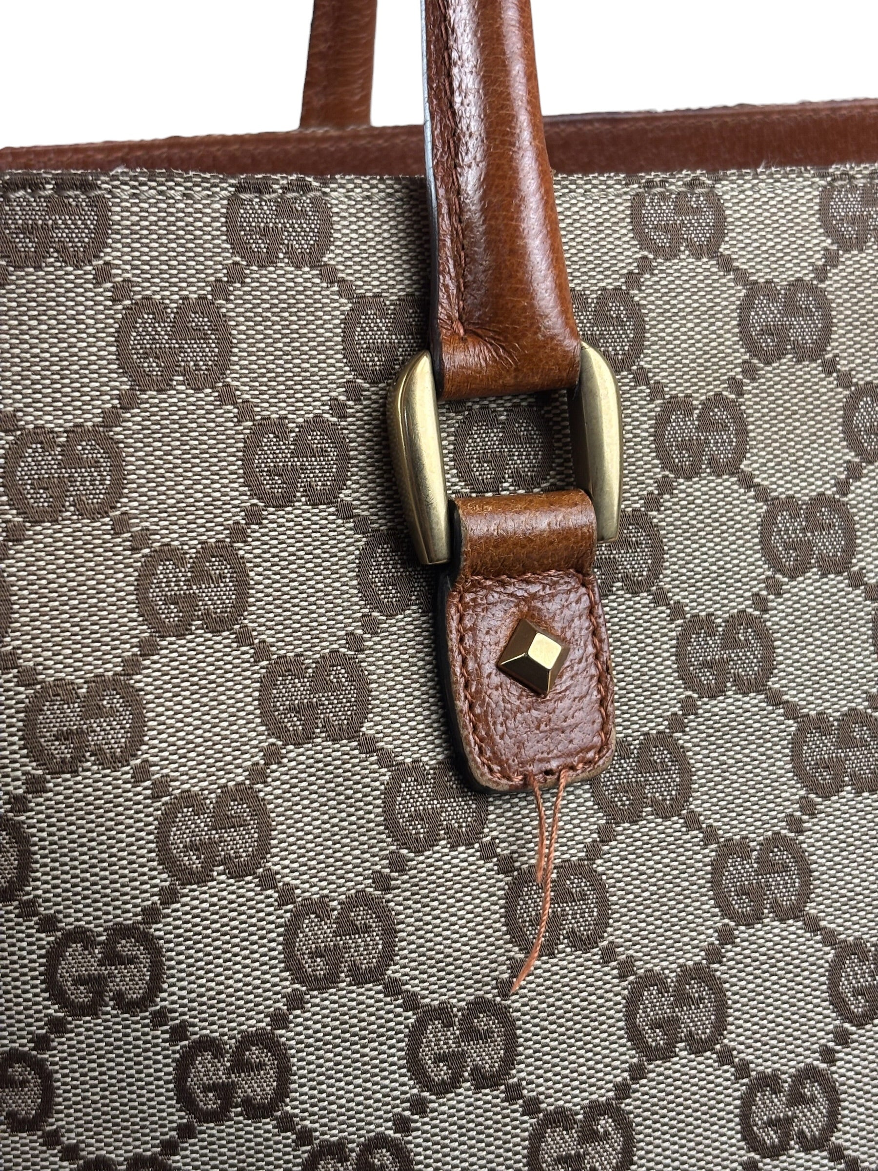 Gucci GG Brown Leather Trim Canvas Monogram Tote Bag