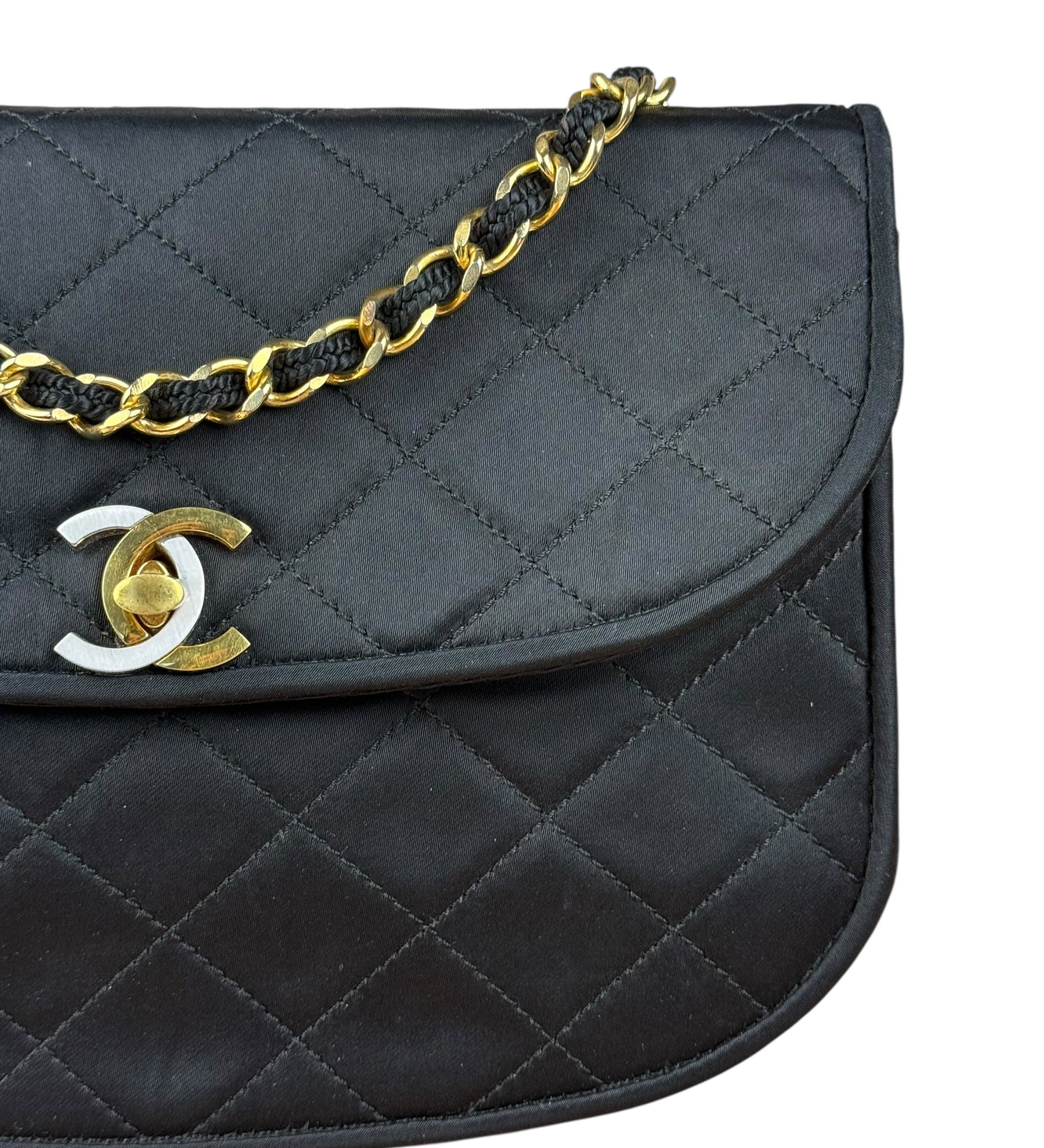 Chanel Vintage CC Black Satin Half-Moon Flap Bag 1991