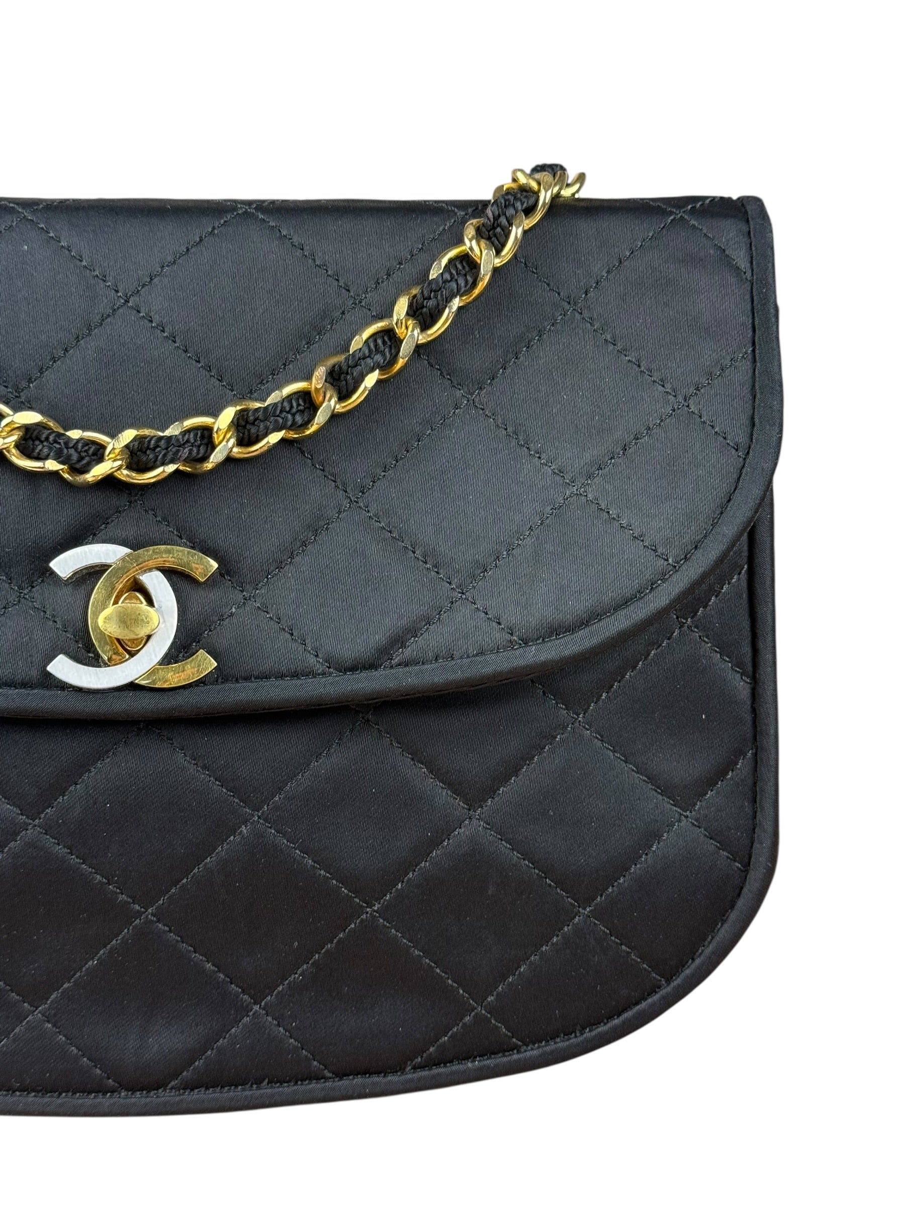 Chanel Vintage CC Black Satin Half-Moon Flap Bag 1991