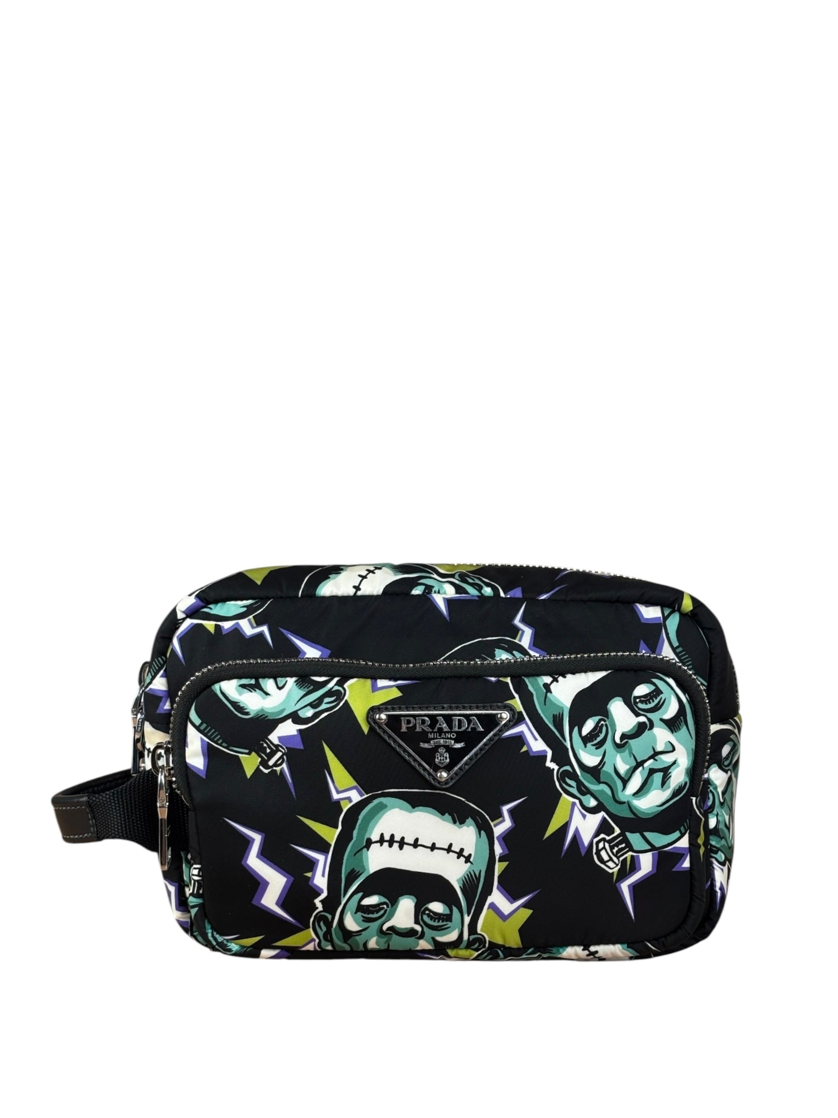 Prada Multicolor Nylon Leather Trim Frankenstein Print Pouch