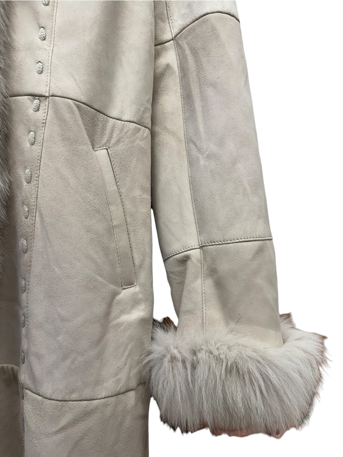 Vintage Bellucci Platinum Beige Suede Rabbit/Blue Fox Fur Long Coat